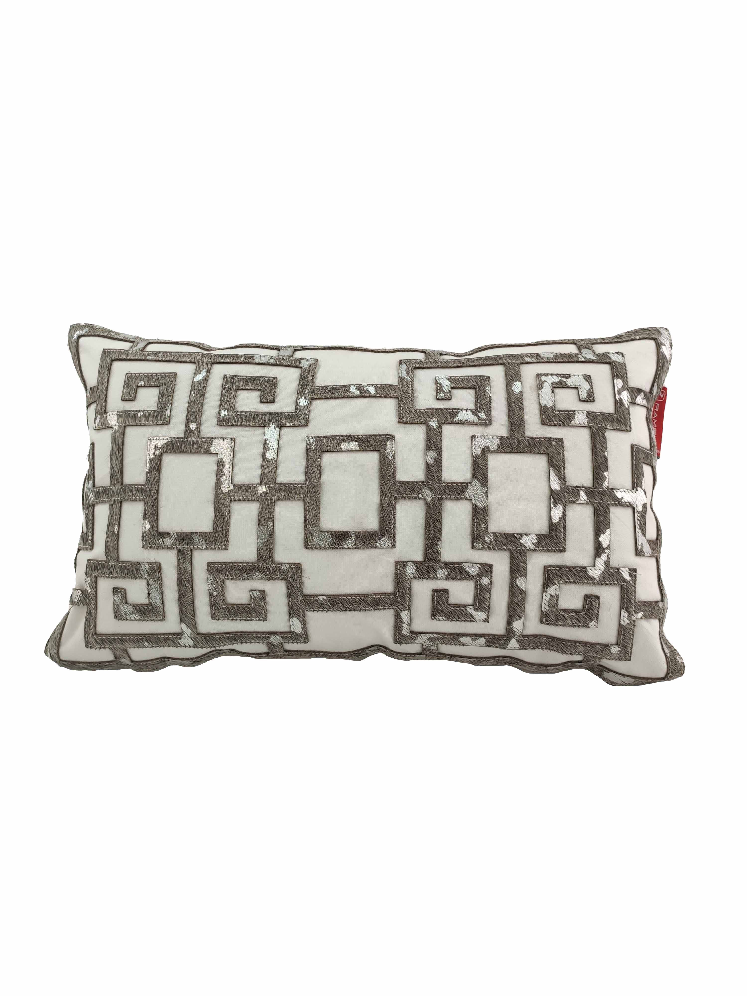 The Modern Cushion CS-107 by RAMSHA HOME is a rectangular white cushion with an intricate gray geometric pattern, combining comfort and style for any space.