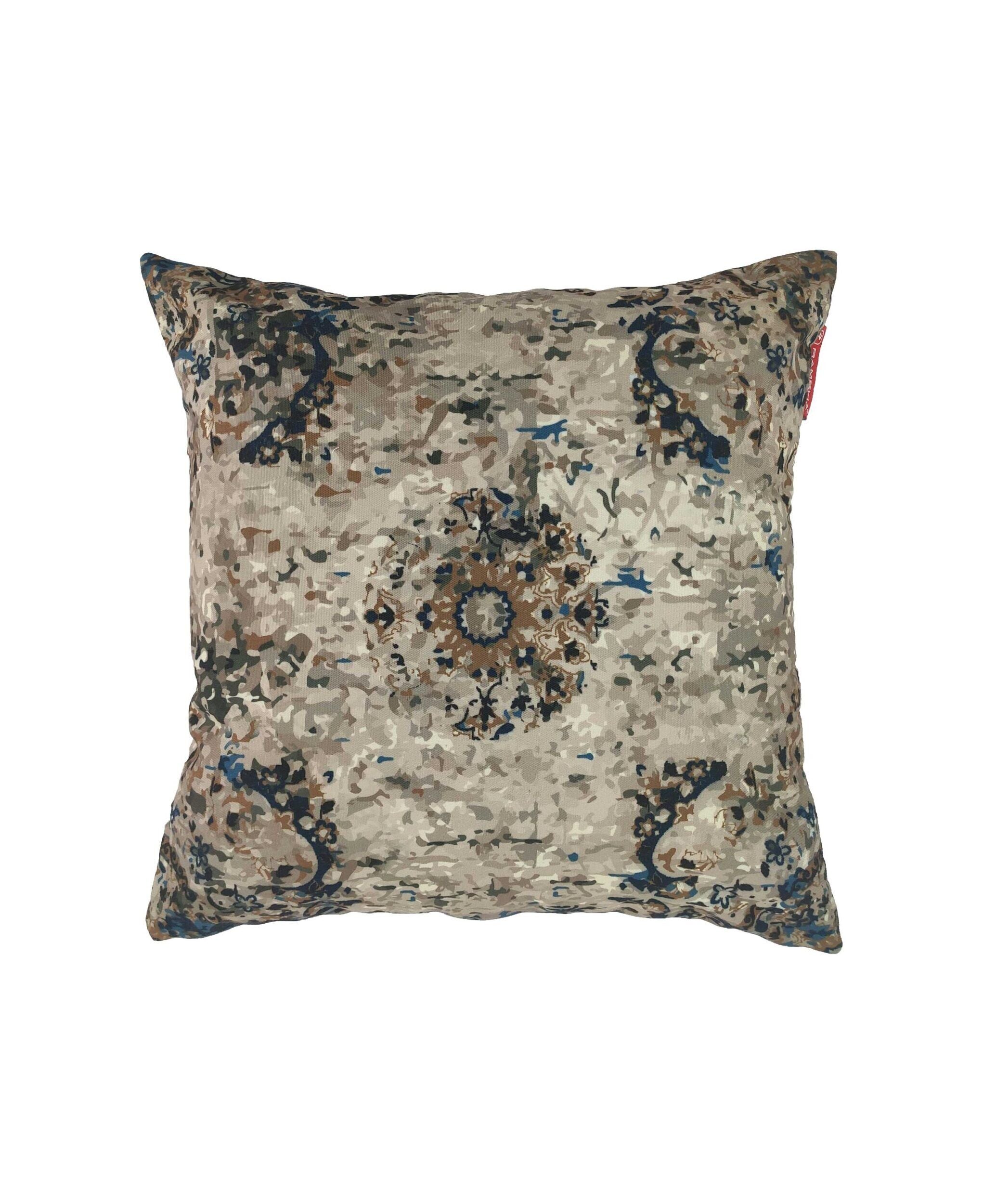 RAMSHA HOME Printed Cushion With Filler Multi Color CS-088 features a square shape with a beige and blue pattern, central circular motif, and detailed corners on a white background.