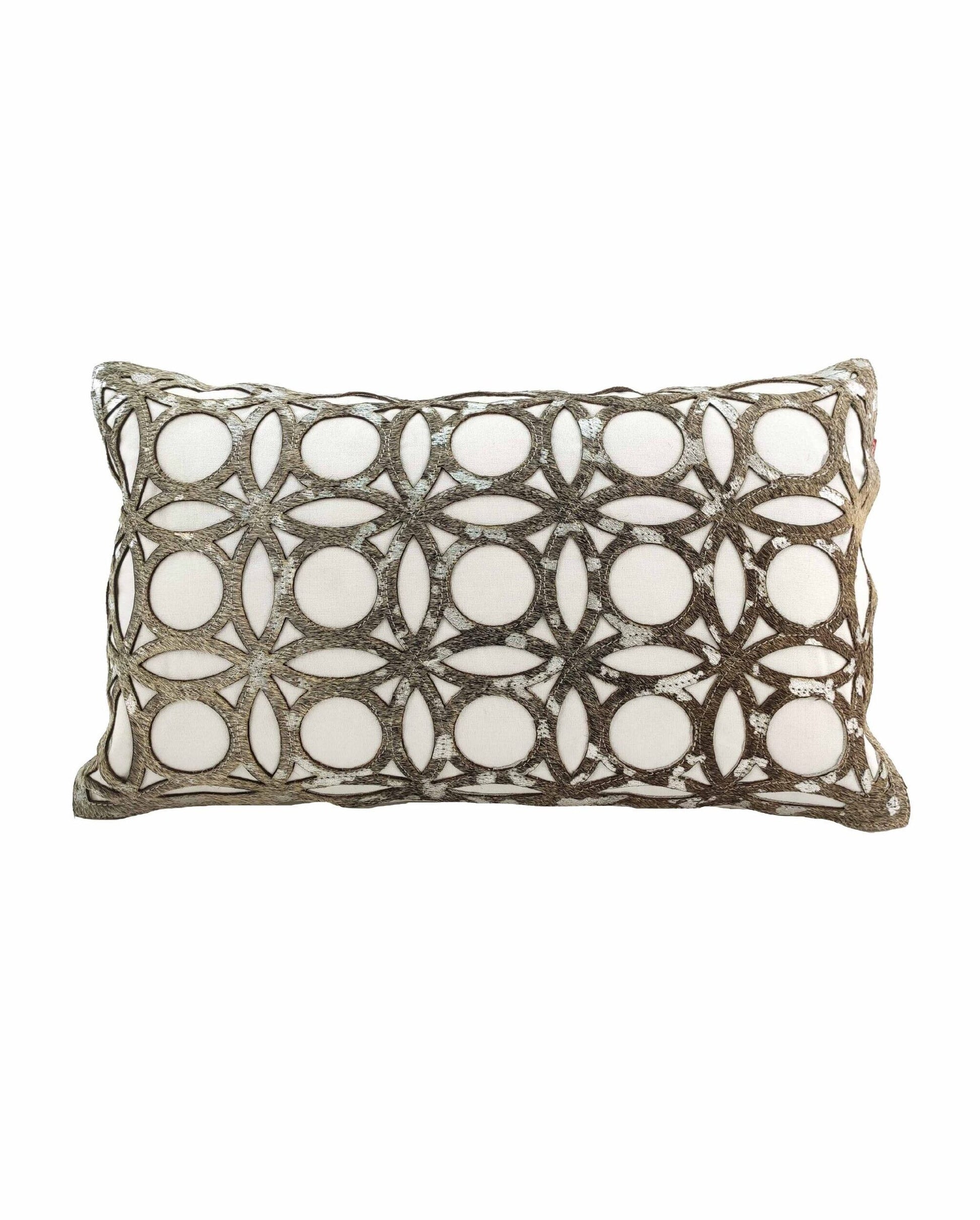 The Leather Cushion CS-100 by RAMSHA HOME is a durable rectangular pillow with a white base and metallic gold geometric patterns, adding lasting elegance to any space. The background is plain white.