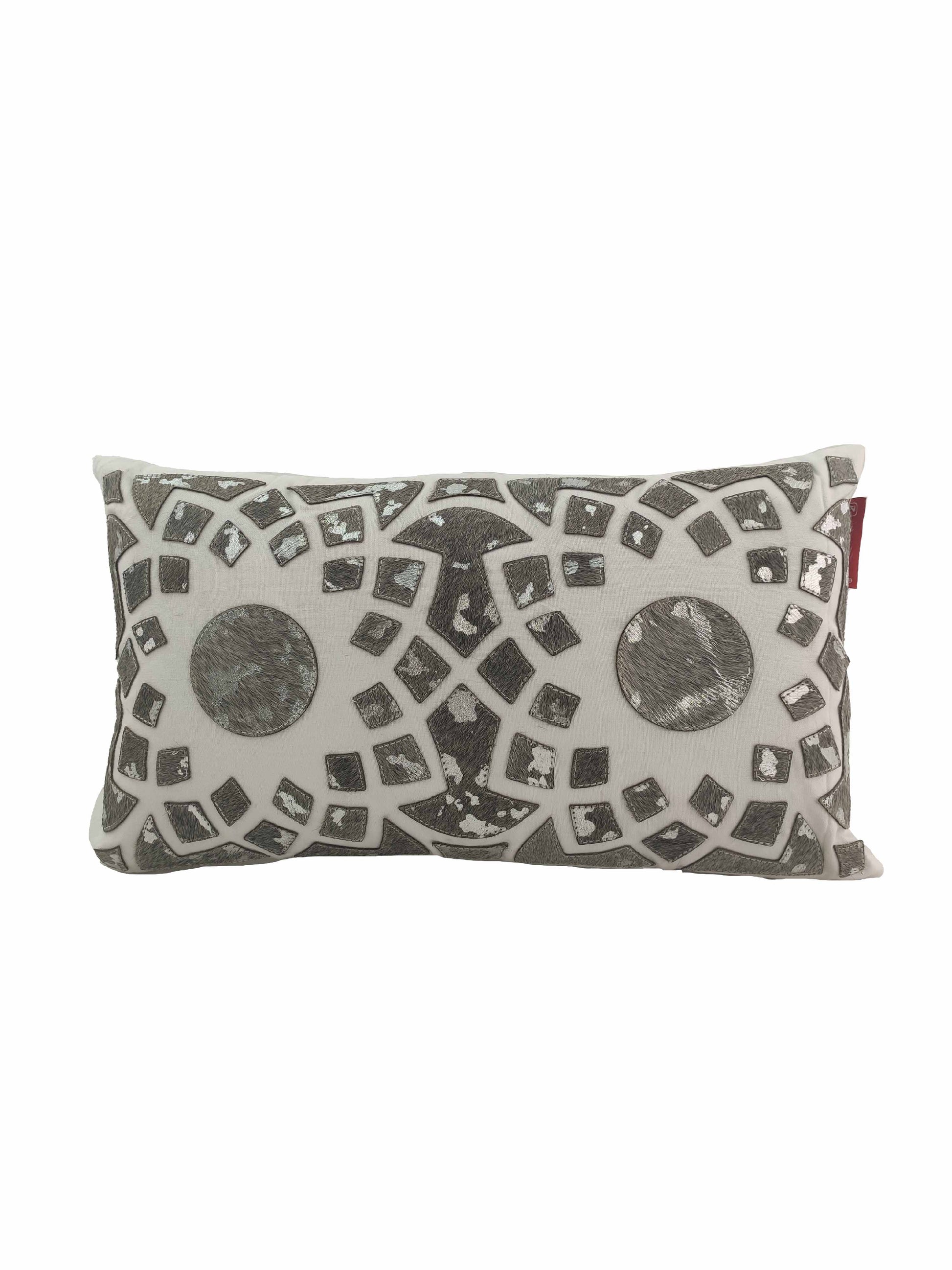 The RAMSHA HOME Decorative Cushion CS-105 is a rectangular cushion for living spaces, featuring a gray and white geometric pattern. Made from polyester and leather, it offers modern style with contrasting textures and symmetrical mosaic shapes.