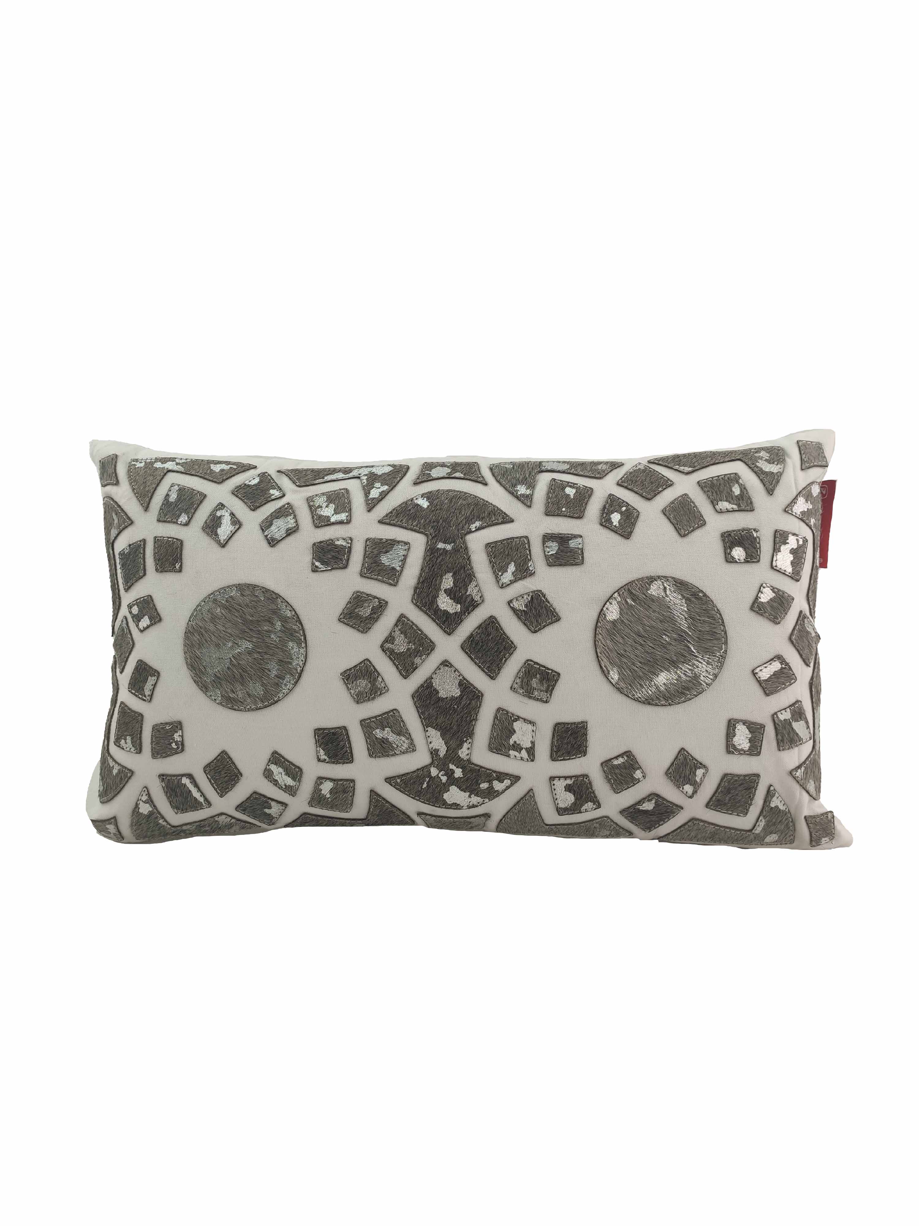 The RAMSHA HOME Decorative Cushion CS-105 is a rectangular cushion for living spaces, featuring a gray and white geometric pattern. Made from polyester and leather, it offers modern style with contrasting textures and symmetrical mosaic shapes.