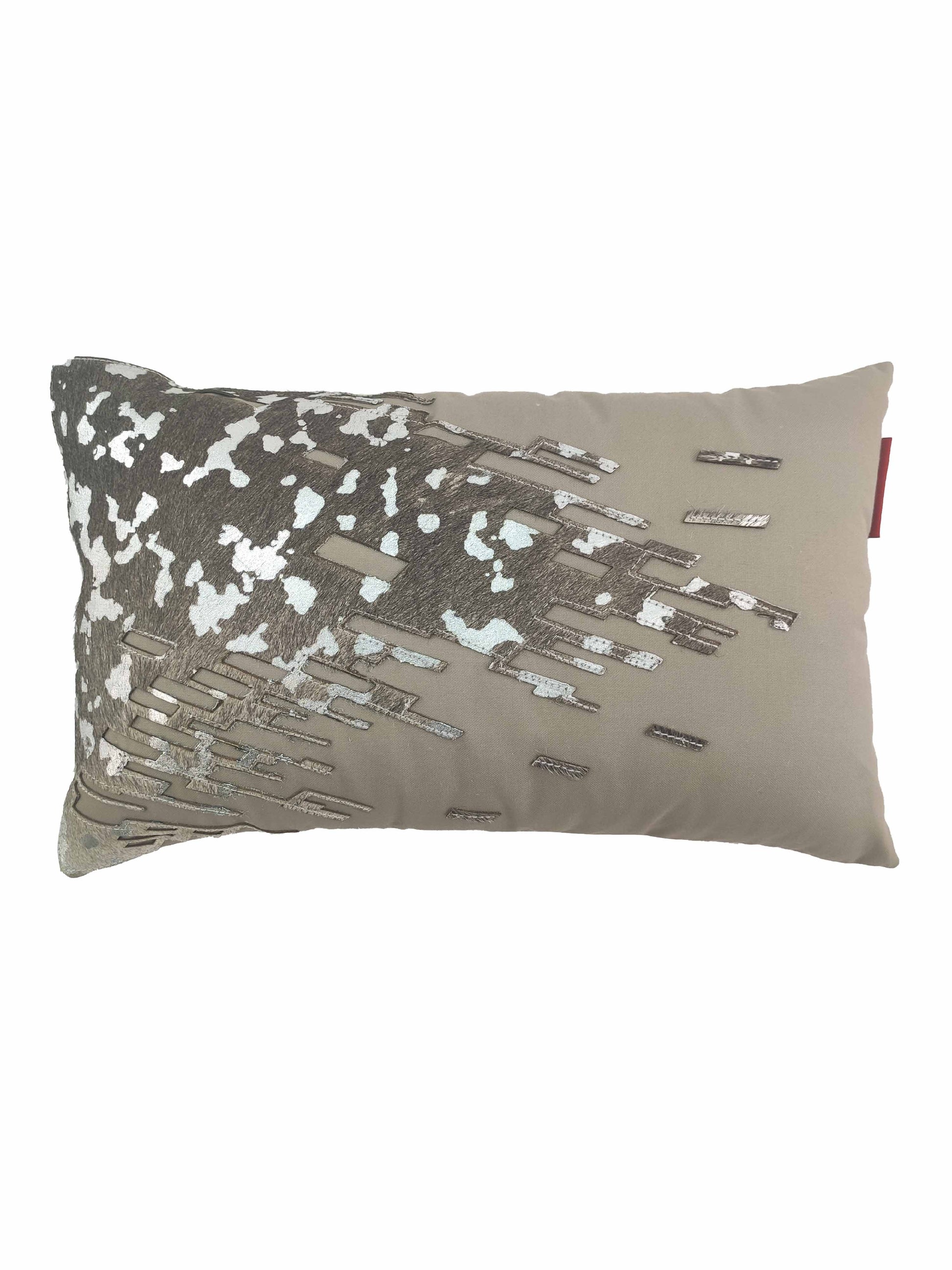 The RAMSHA HOME CS-108 Leather Decor Cushion features a rectangular beige design with an abstract metallic silver and gray embroidered pattern on one side, set against a plain white background for a dynamic, modern look.