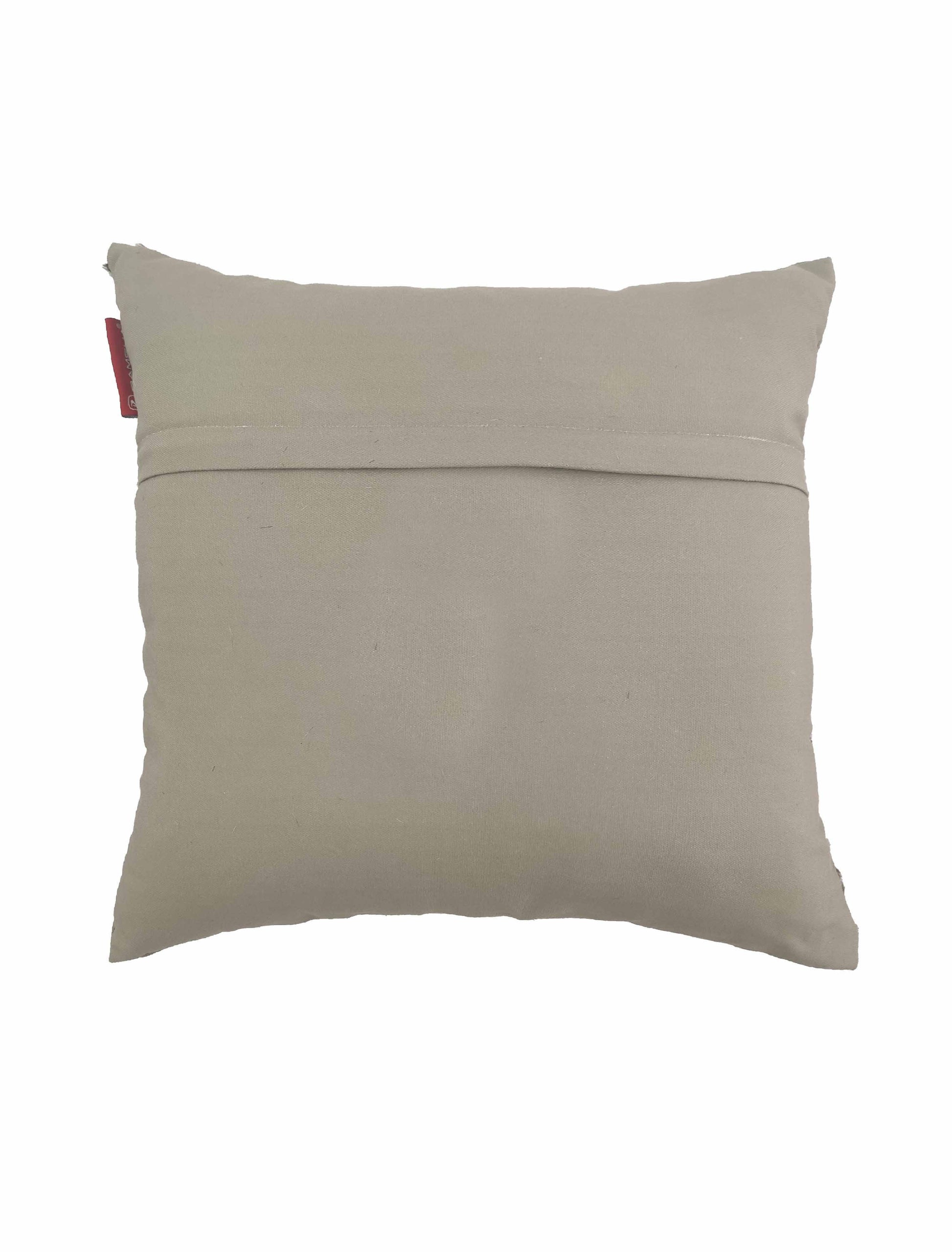 The RAMSHA HOME Leather And Polyester Cushion CS-109 is a square beige cushion with a horizontal seam and a small red tag on the upper left edge, shown on a plain white background.