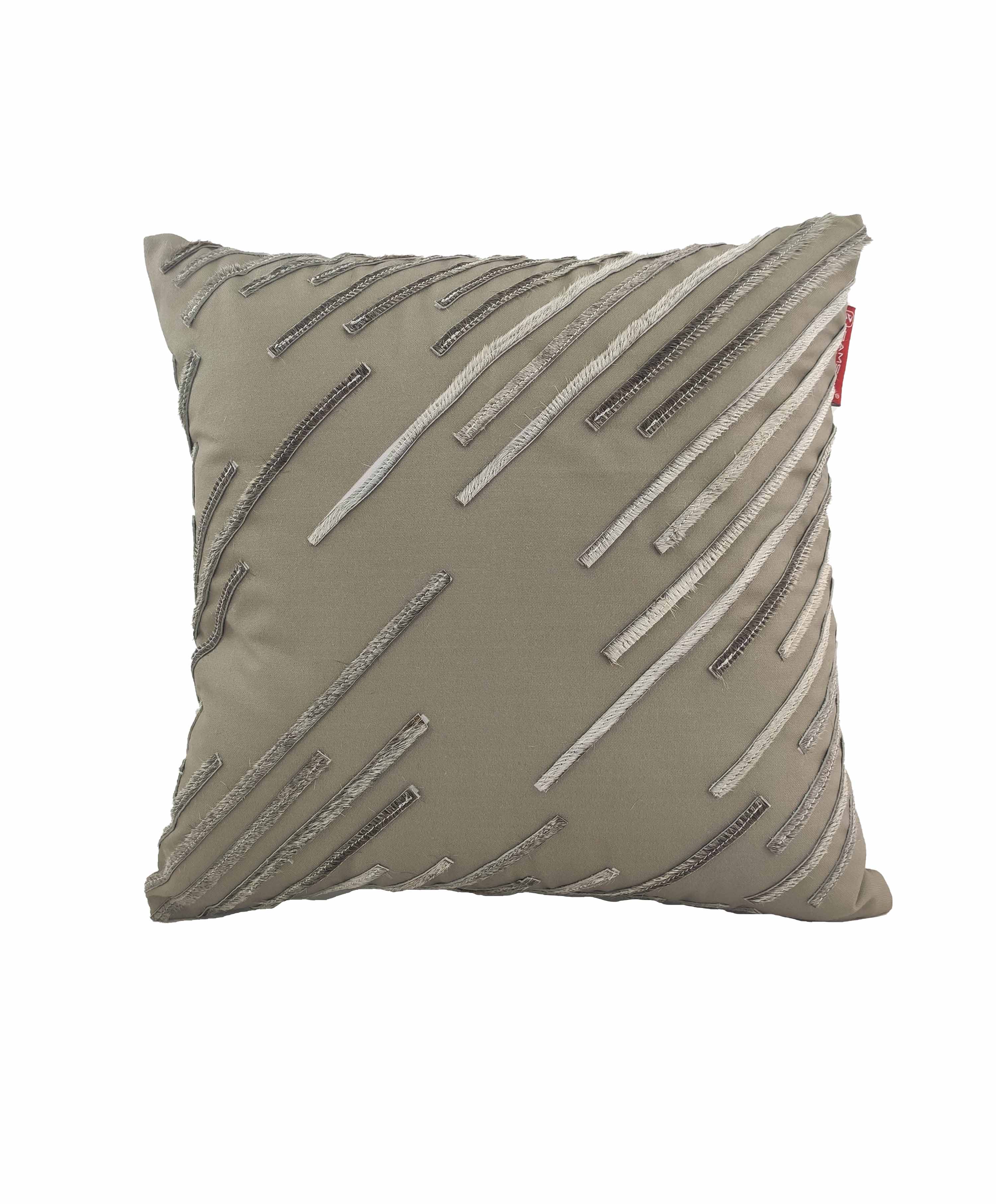The RAMSHA HOME Leather And Polyester Cushion CS-109 features a square beige design with diagonal stitched lines in taupe and silver tones, creating a modern, textured look. A small red tag accents the right side.