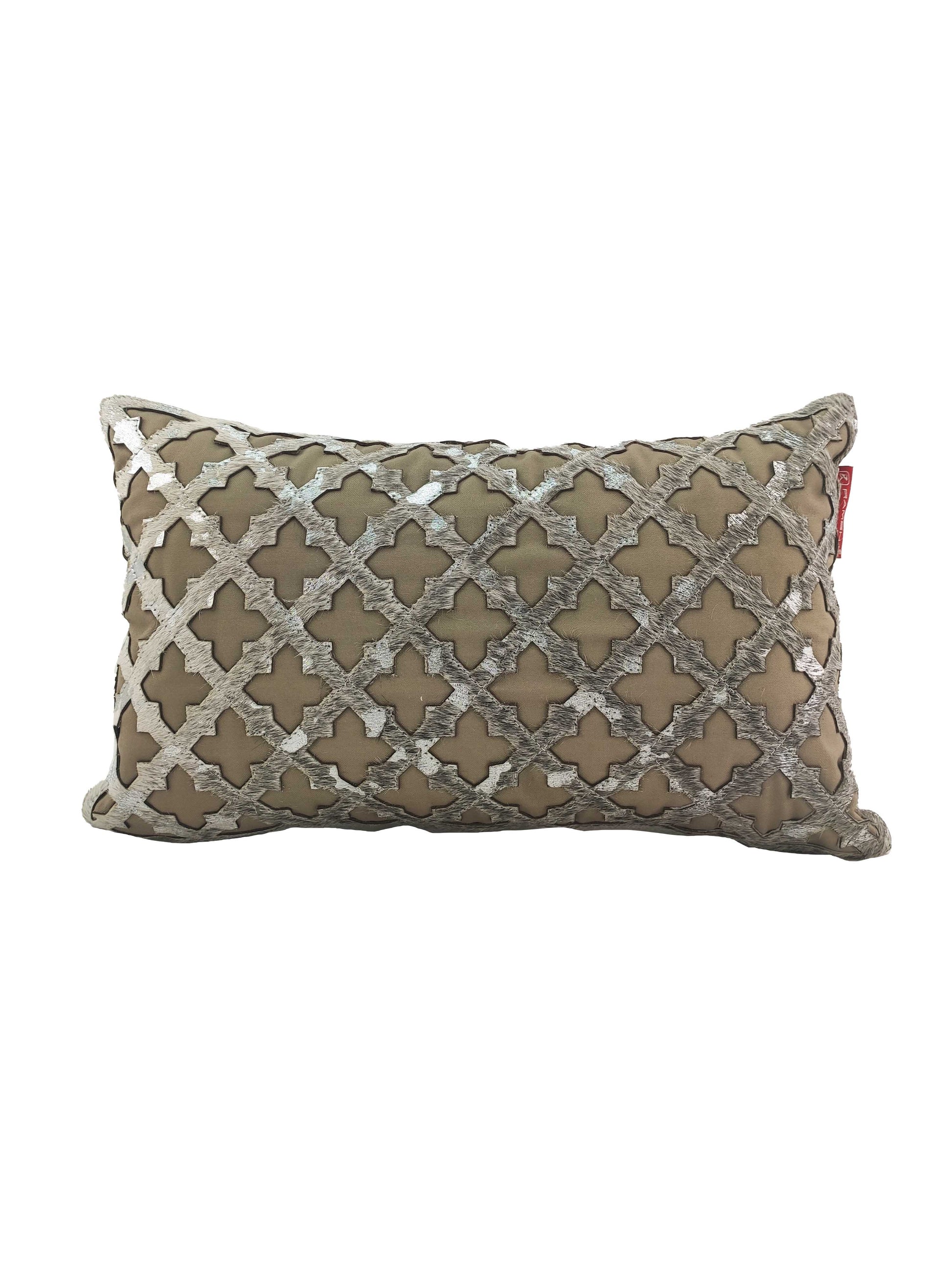 The RAMSHA HOME Leather Cushion CS-103 features a beige base with raised metallic silver quatrefoil lattice, offering comfort and a subtle sheen to your decor. It also includes a small red fabric tag on the side for added style.