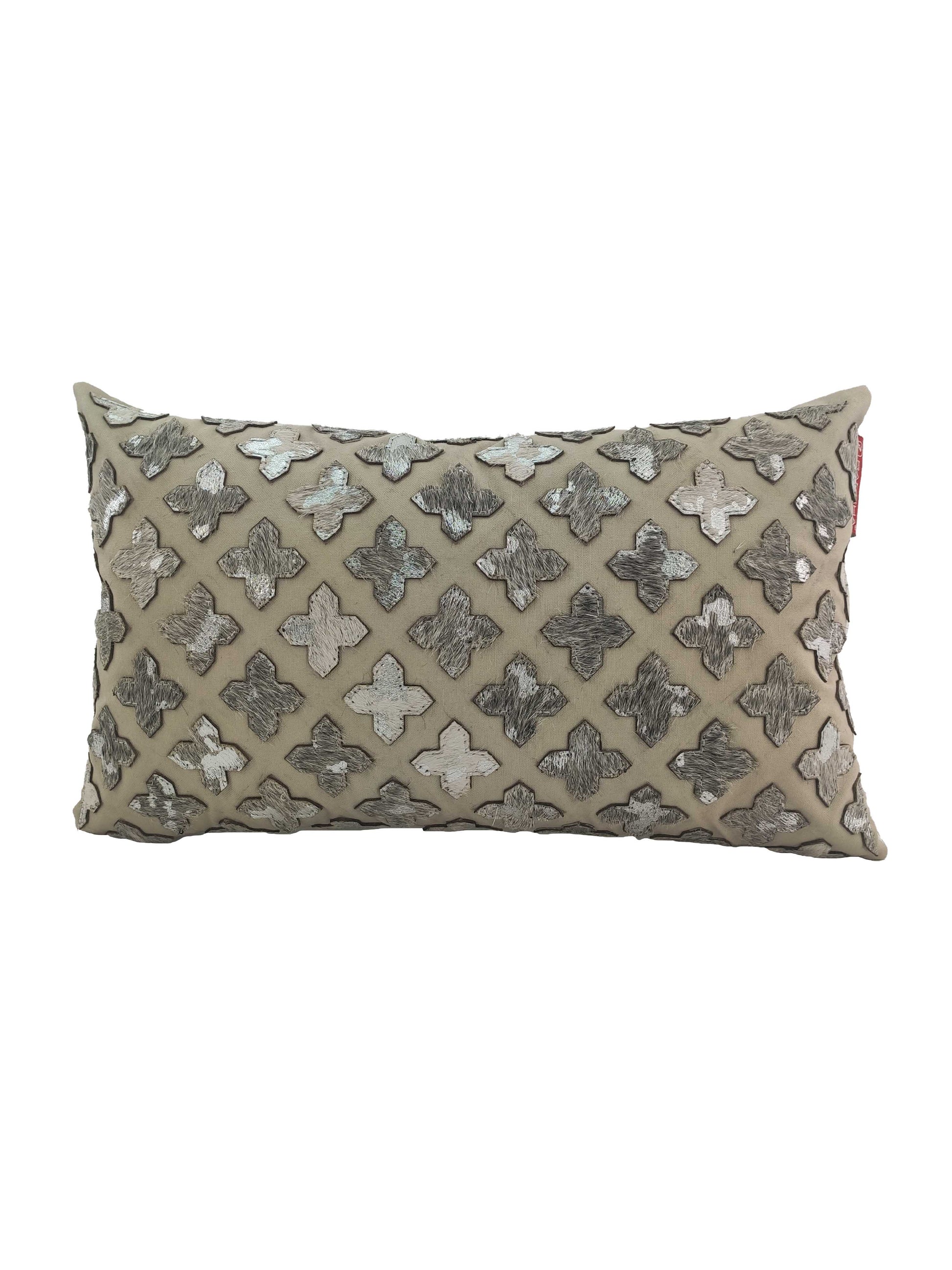 The RAMSHA HOME Leather Cushion CS-104 is a rectangular beige cushion featuring raised metallic silver quatrefoil lattice patterns, adding luxurious comfort and style to any space.