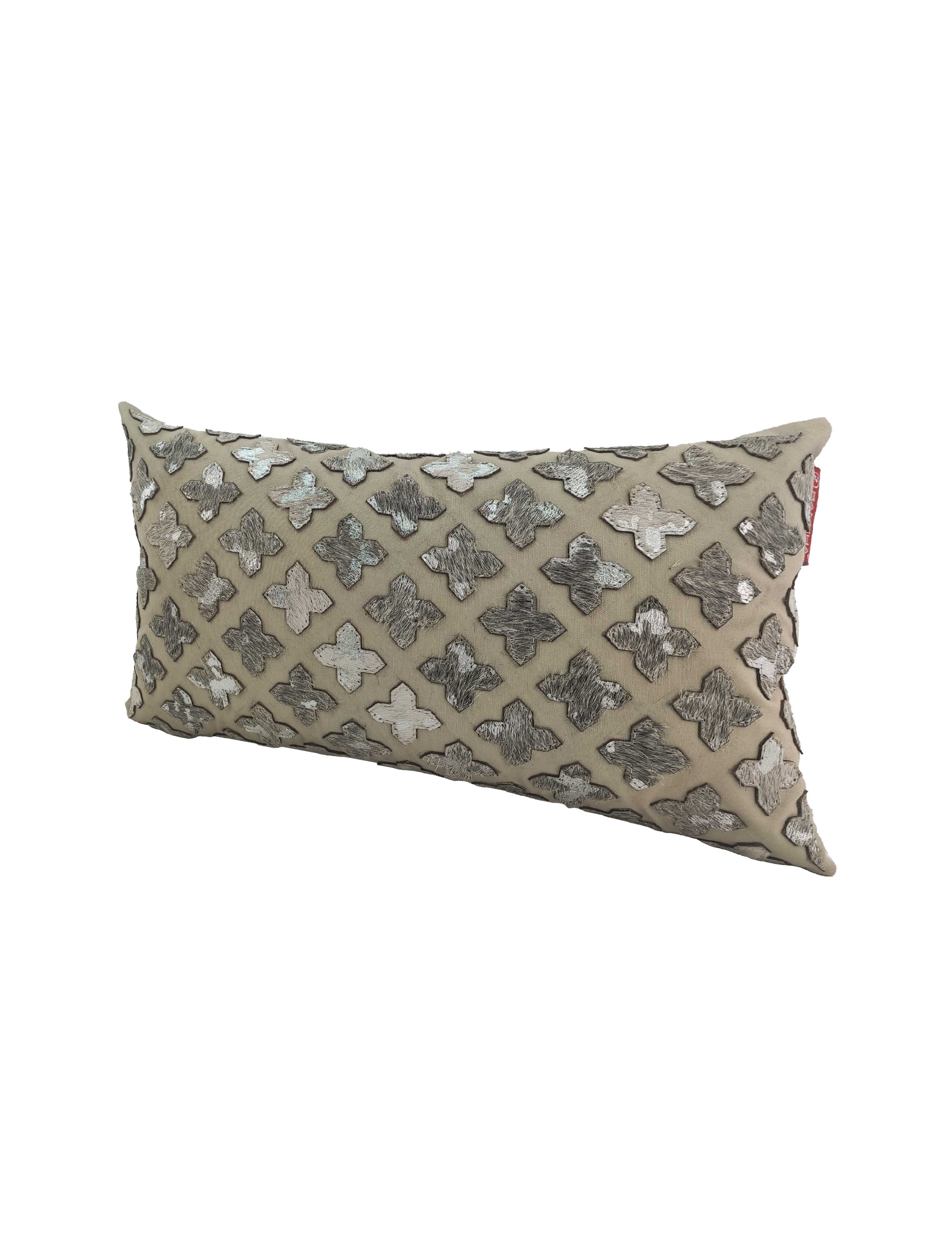 The RAMSHA HOME Leather Cushion CS-104 is a rectangular beige cushion with a raised geometric pattern and silver-gray embroidered diamond accents, offering stylish design and comfortable feel.