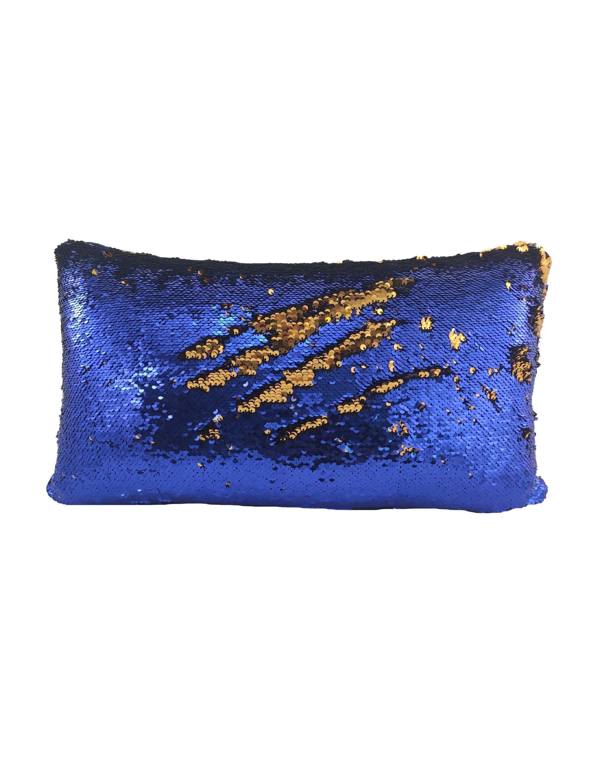 The RAMSHA HOME Polyester Double Color Changing Cushion With Filler is a comfy rectangular pillow featuring reversible sequins that shift from a shimmering blue base to sparkling gold streaks for a stunning two-tone effect.