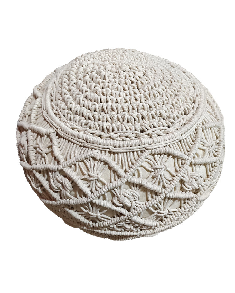 The Macrame Cotton Pouf by RAMSHA HOME features intricate, textured circular and geometric patterns in white cotton for a subtle boho charm, showcased against a plain white background.