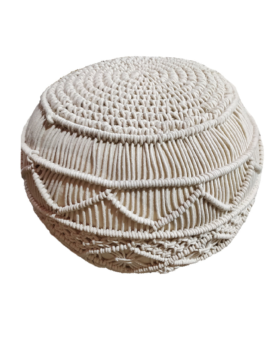 The RAMSHA HOME Macrame Cotton Pouf is a round, beige ottoman with intricate macramé weaving and textured patterns, bringing boho-style charm. Shown on a white background.