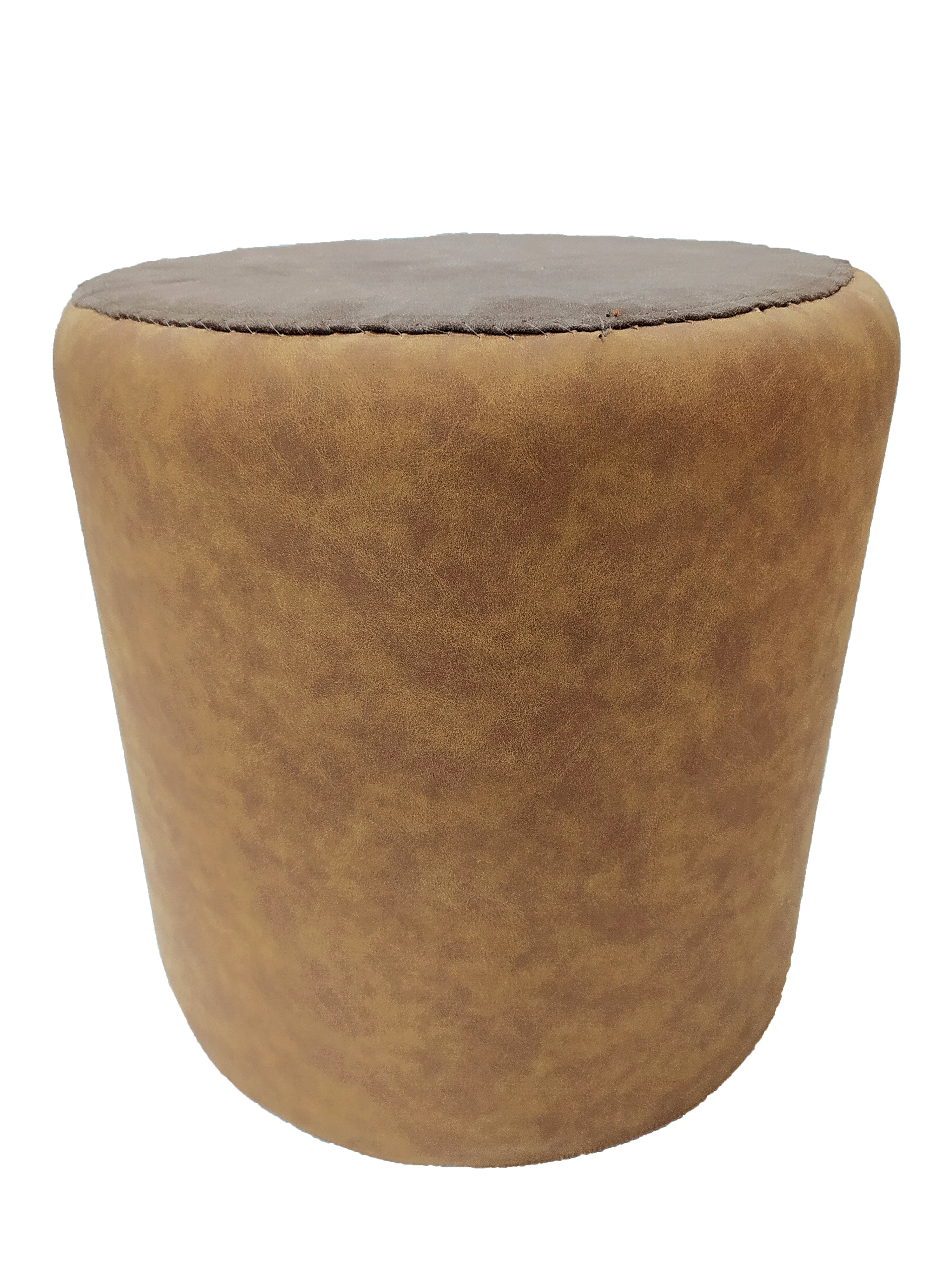 The RAMSHA HOME Leather Cylindrical Pouf features a smooth brown leather surface and a subtly wider base for comfortable seating, shown on a white background.