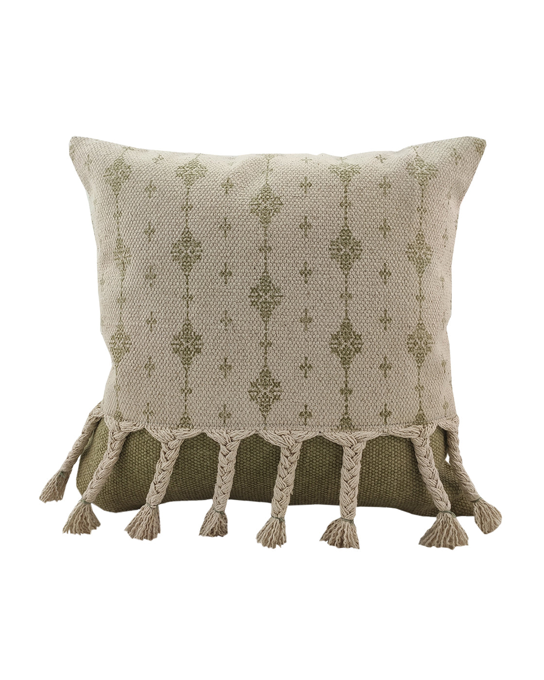 The RAMSHA HOME Printed Cotton Cushion With Fringes cs-172 features a beige woven cover with a subtle geometric print, plush insert, cream braided tassels on the bottom edge, and a textured olive green section at the base.