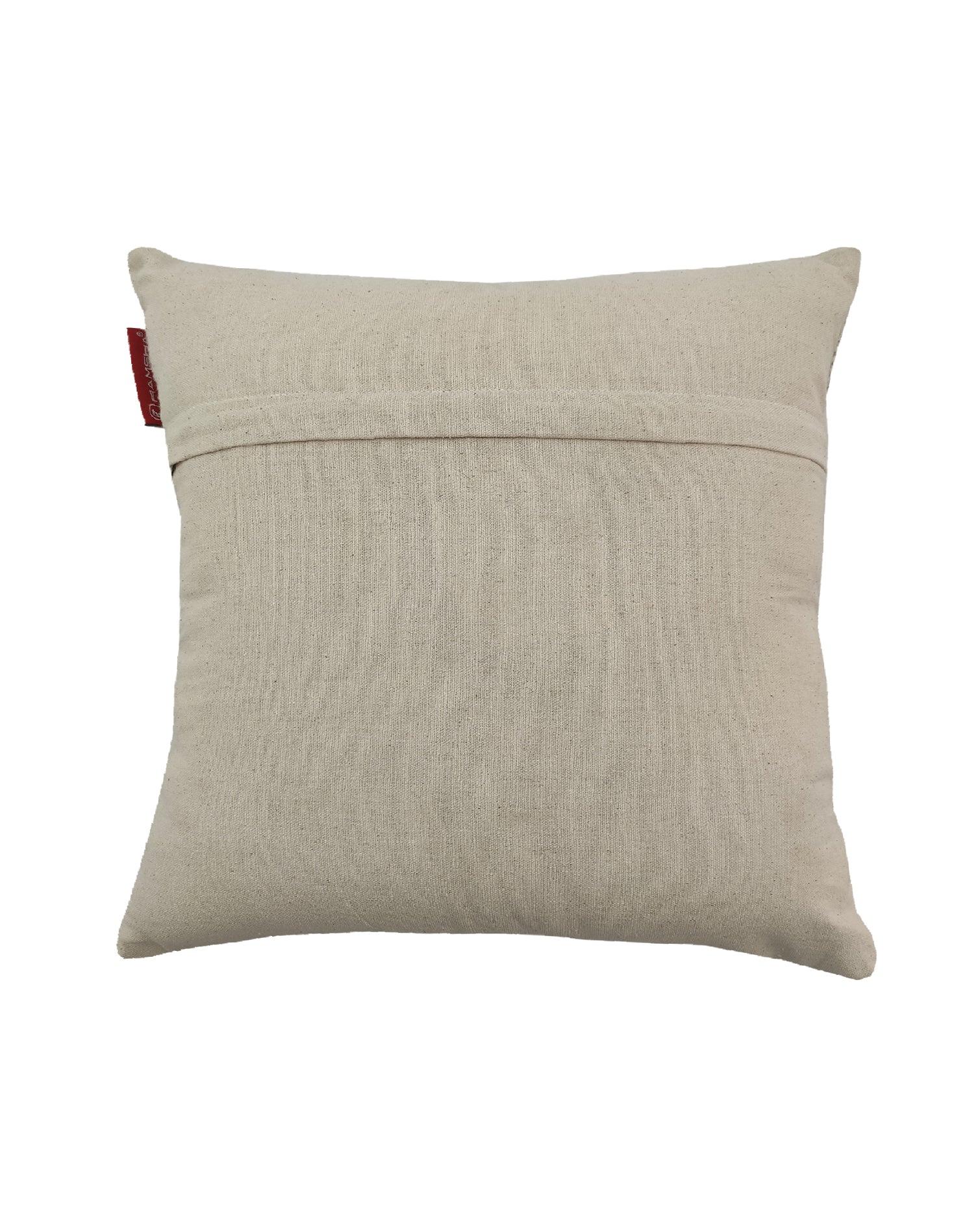 The RAMSHA HOME Printed Cotton Cushion With Fringes cs-172 features a beige square design with visible seams, a plush insert, and a red tag on the left side, shown against a white background.
