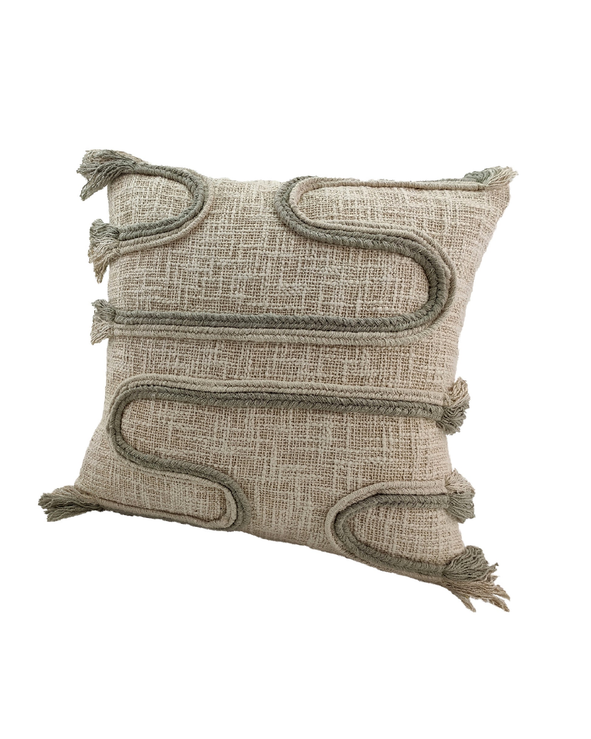 The RAMSHA HOME Embroidery Cushion With Insert CS-160 is a square beige cushion with textured woven fabric, raised curving lines, and matching greenish-gray tassels. Includes insert for added comfort.