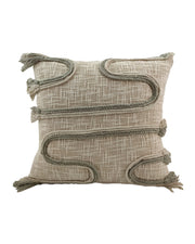 The RAMSHA HOME Embroidery Cushion With Insert CS-160 features a light beige textured cover, wavy sage green trim, tassels at each corner, and a looped embroidered pattern for a modern, cozy accent.