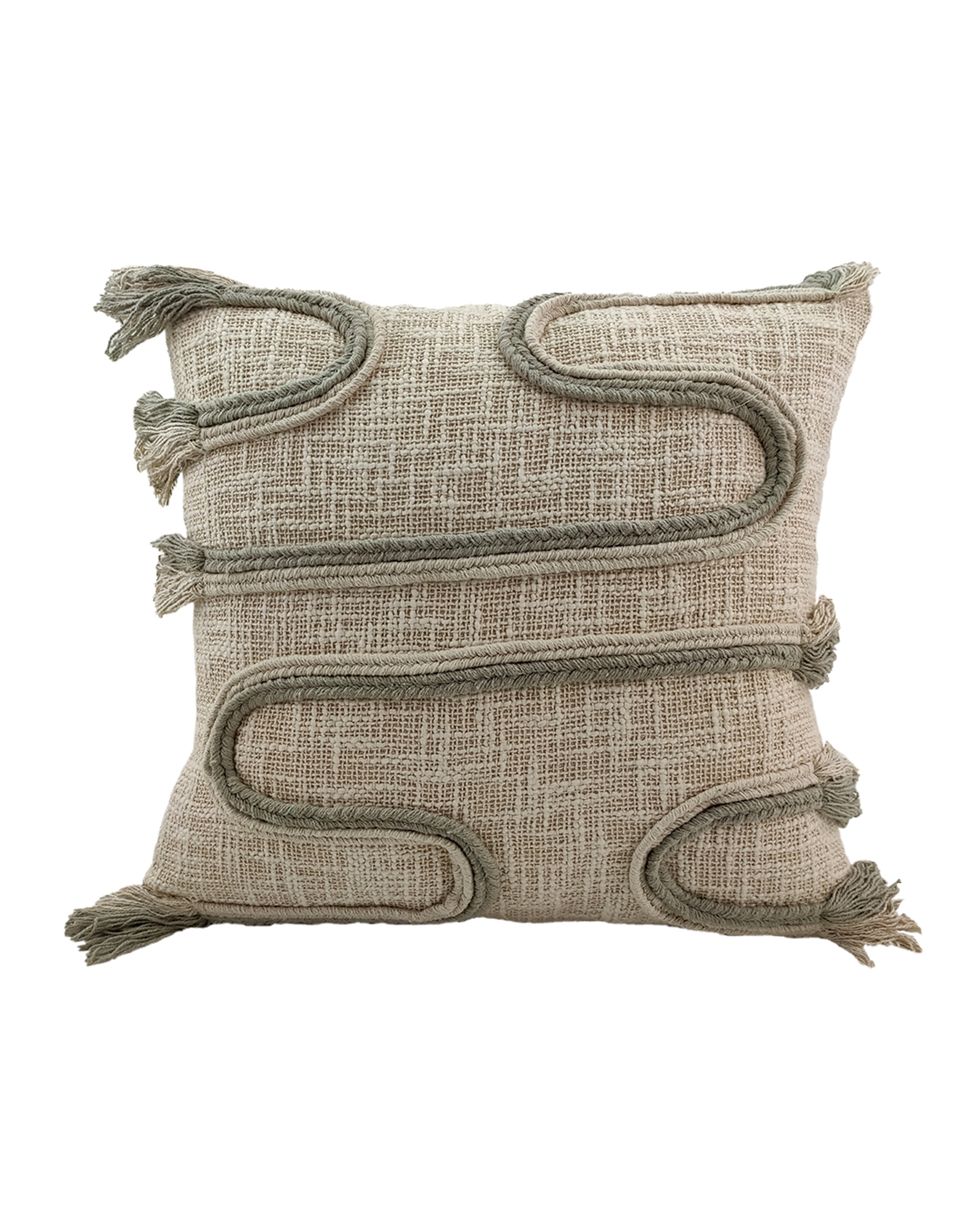 The RAMSHA HOME Embroidery Cushion With Insert CS-160 features a light beige textured cover, wavy sage green trim, tassels at each corner, and a looped embroidered pattern for a modern, cozy accent.