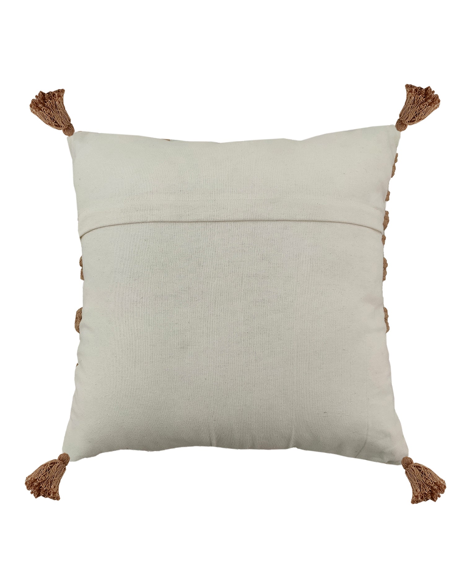 The RAMSHA HOME Embroidery Cushion With Tassel CS-159 is a square, cream-colored cotton cushion with a simple design, brown tassels at each corner, plain fabric, and a horizontal seam on the back for added detail.