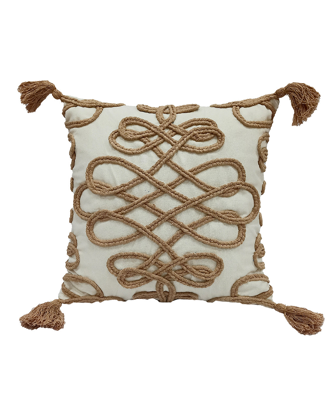 The Embroidery Cushion With Tassel CS-159 by RAMSHA HOME features a cream cotton base with brown rope-like embroidery in a looping pattern and brown tassels on each corner, adding textured charm to any space.