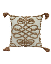 The Embroidery Cushion With Tassel CS-159 by RAMSHA HOME features a cream cotton base with brown rope-like embroidery in a looping pattern and brown tassels on each corner, adding textured charm to any space.