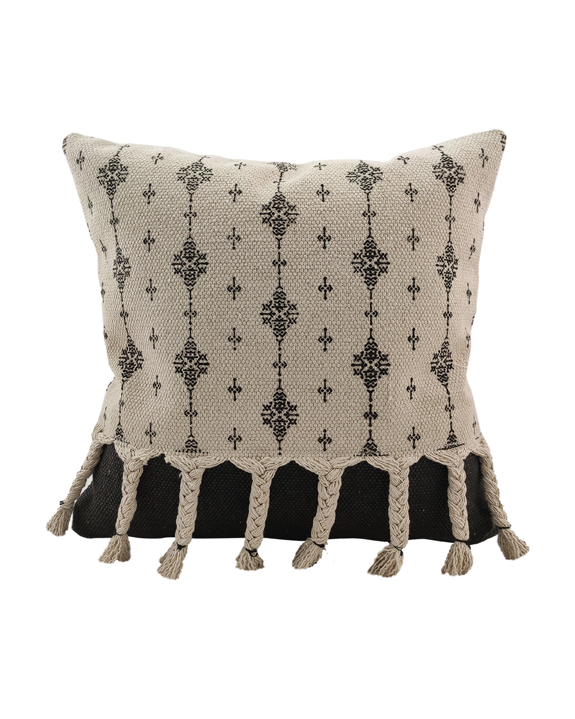 The Printed Cotton Cushion With Fringes cs-172 by RAMSHA HOME features beige fabric with black geometric patterns, a soft plush insert, large braided tassels along the bottom edge, and a black accent band near the base.