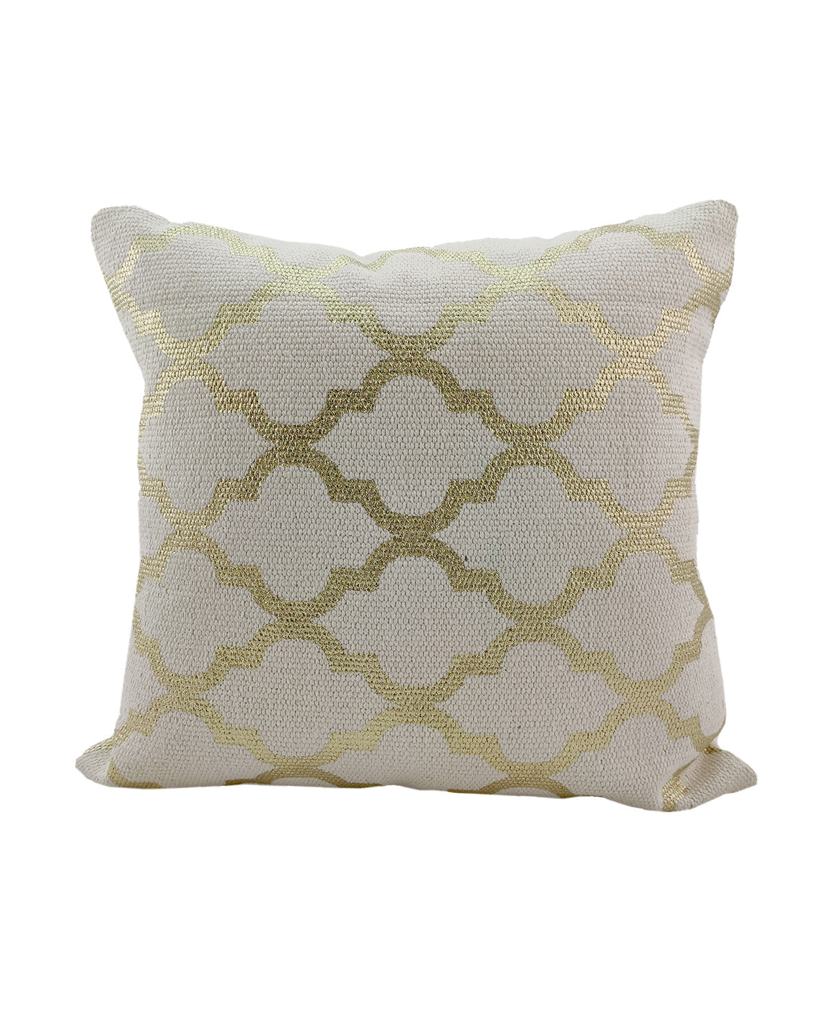 The RAMSHA HOME Cotton Cushion With Gold Foil Print CS-178 is a rectangular white cotton cushion with a gold foil geometric trellis design, ideal for bringing a luxurious accent to your decor.