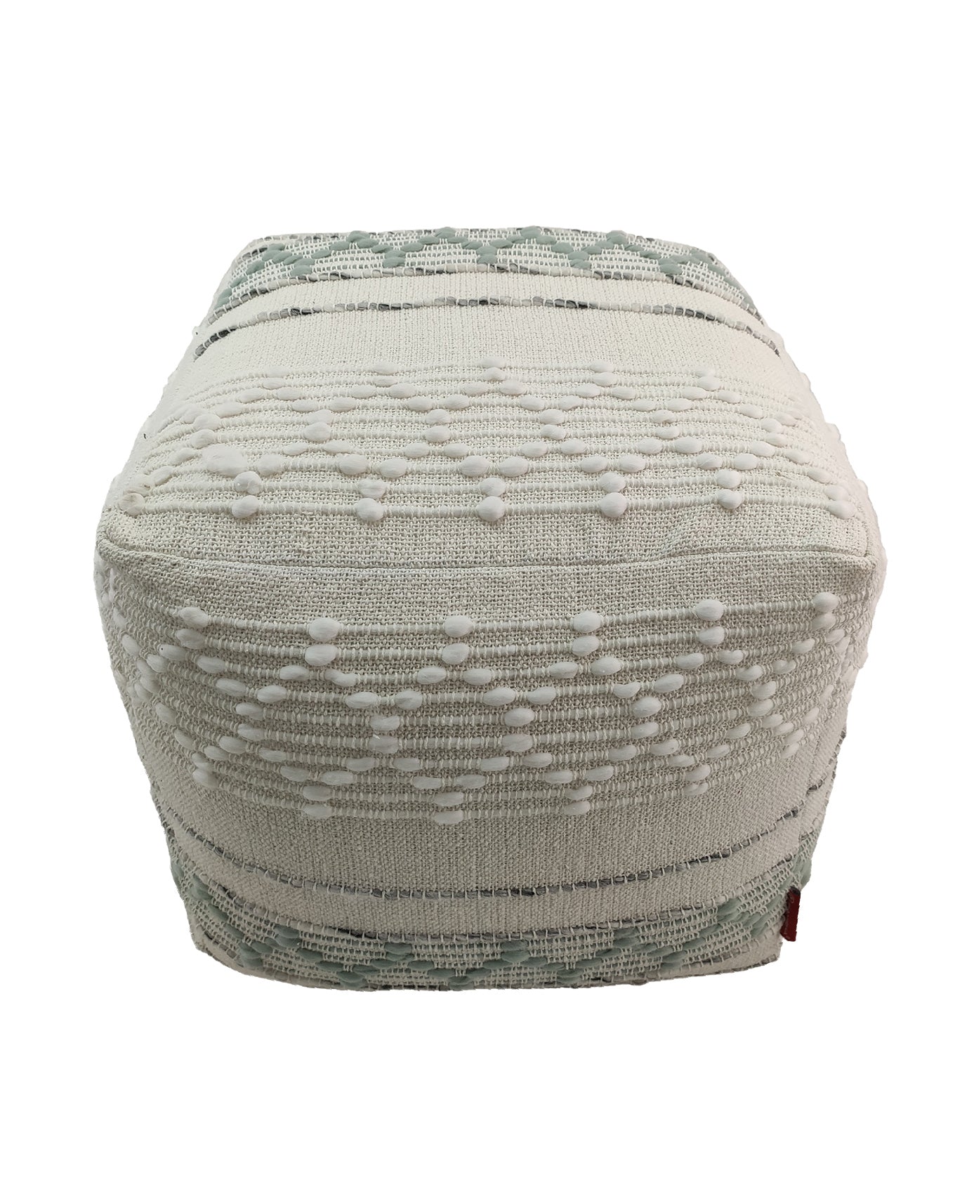 The RAMSHA HOME Cotton And Wool Boho Pouf PF-068 is a square, cream pouf with textured patterns, raised dots, and subtle green striped edges—perfect for adding a stylish boho touch to your space.