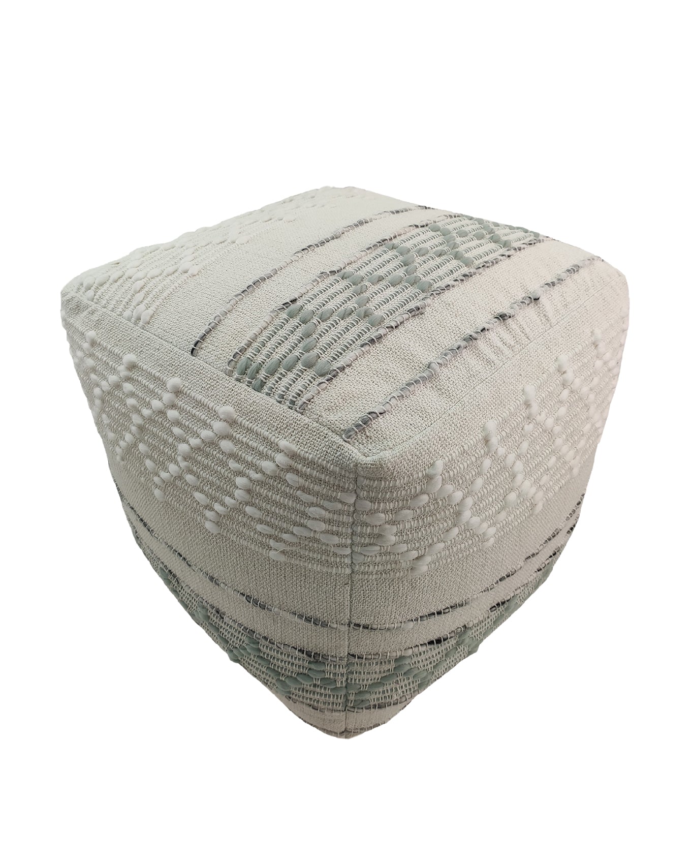 The RAMSHA HOME Cotton And Wool Boho Pouf PF-068 is a square, off-white pouf featuring textured cotton and wool with subtle gray and light green patterns and raised tufted details for a soft, modern boho accent in any space.
