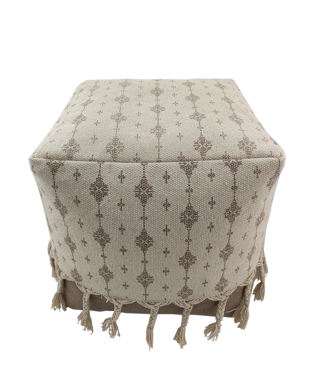 Handmade white and beige cotton pouf with fringes, a soft and elegant accent for cozy interiors.