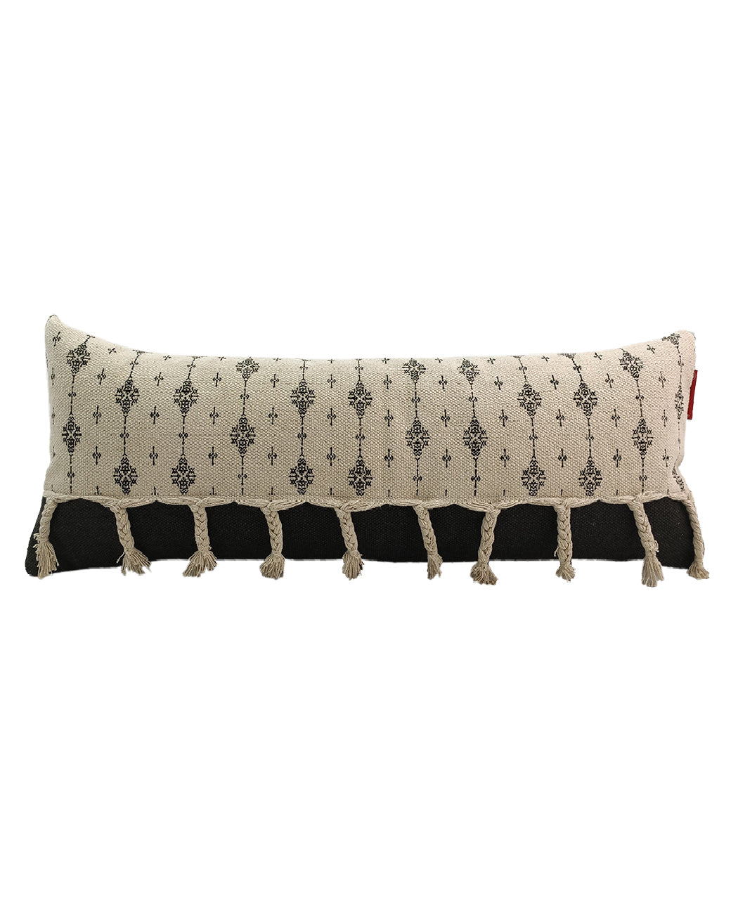 The RAMSHA HOME Printed Cotton Cushion With Fringes cs-172 features a beige cotton fabric with a black geometric pattern, solid black band, beige fringe on the lower edge, and comes with a plush insert for extra comfort.