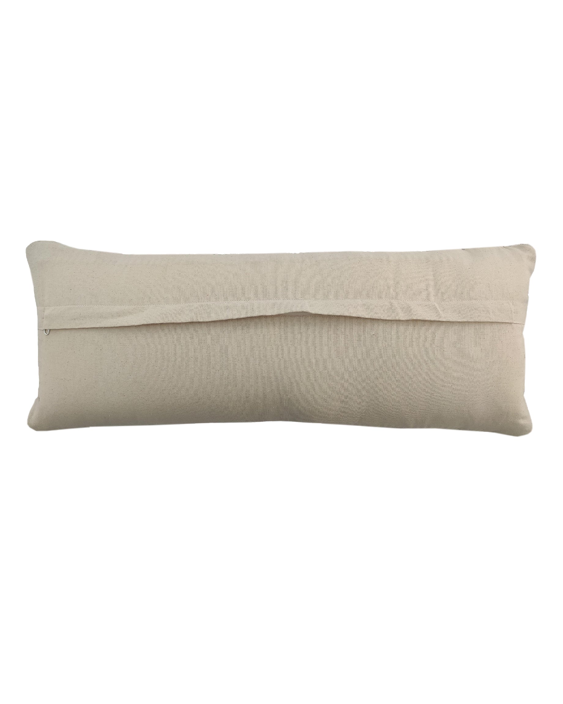 The RAMSHA HOME Printed Cotton Cushion With Fringes cs-172 is a rectangular beige cushion with a flap-style opening, displayed against a white background.