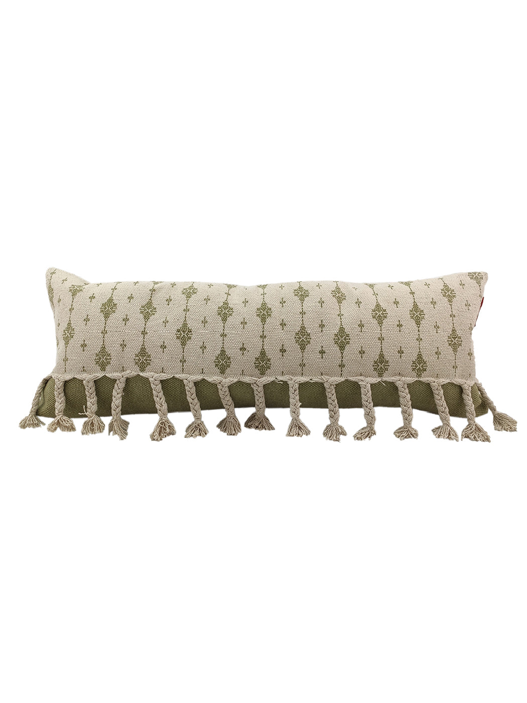 The RAMSHA HOME Printed Cotton Cushion With Fringes cs-172 is a rectangular beige cushion with a green geometric print and knotted tassels along the bottom edge, shown against a white background.