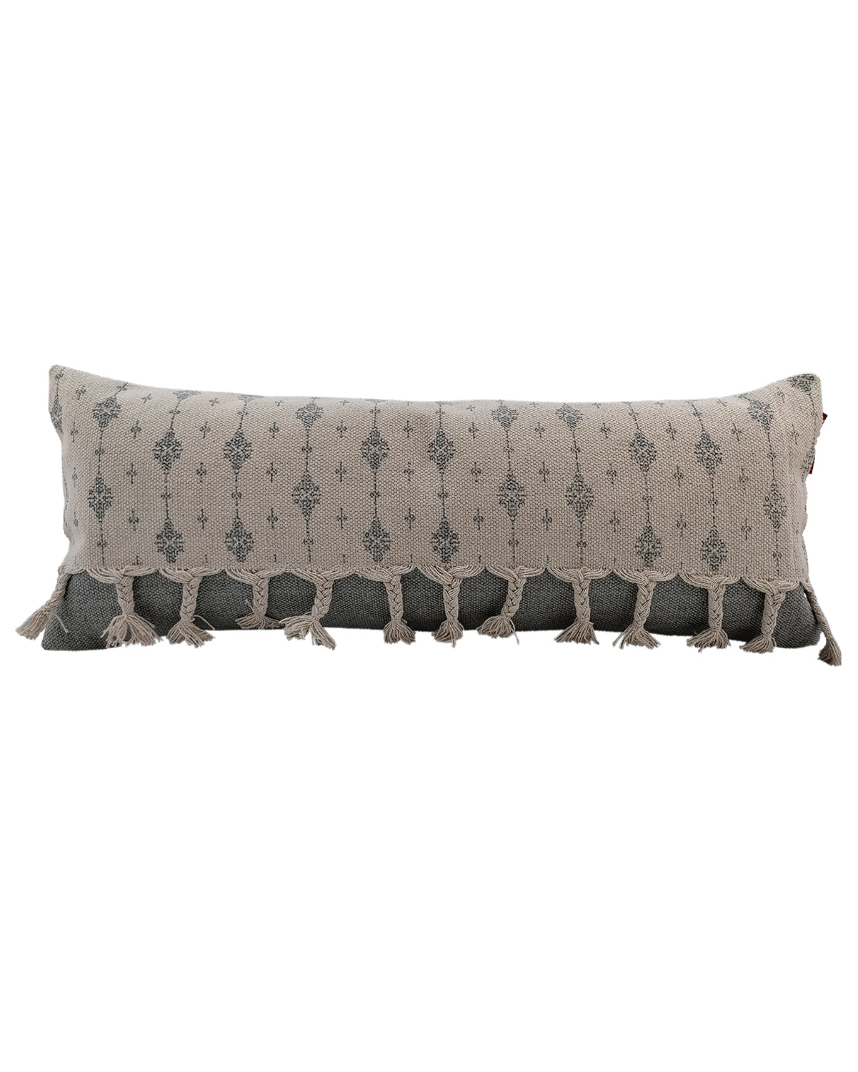The RAMSHA HOME Printed Cotton Cushion With Fringes cs-172 features a beige and gray geometric design, tassels on one edge, and comes with a plush insert for extra comfort.