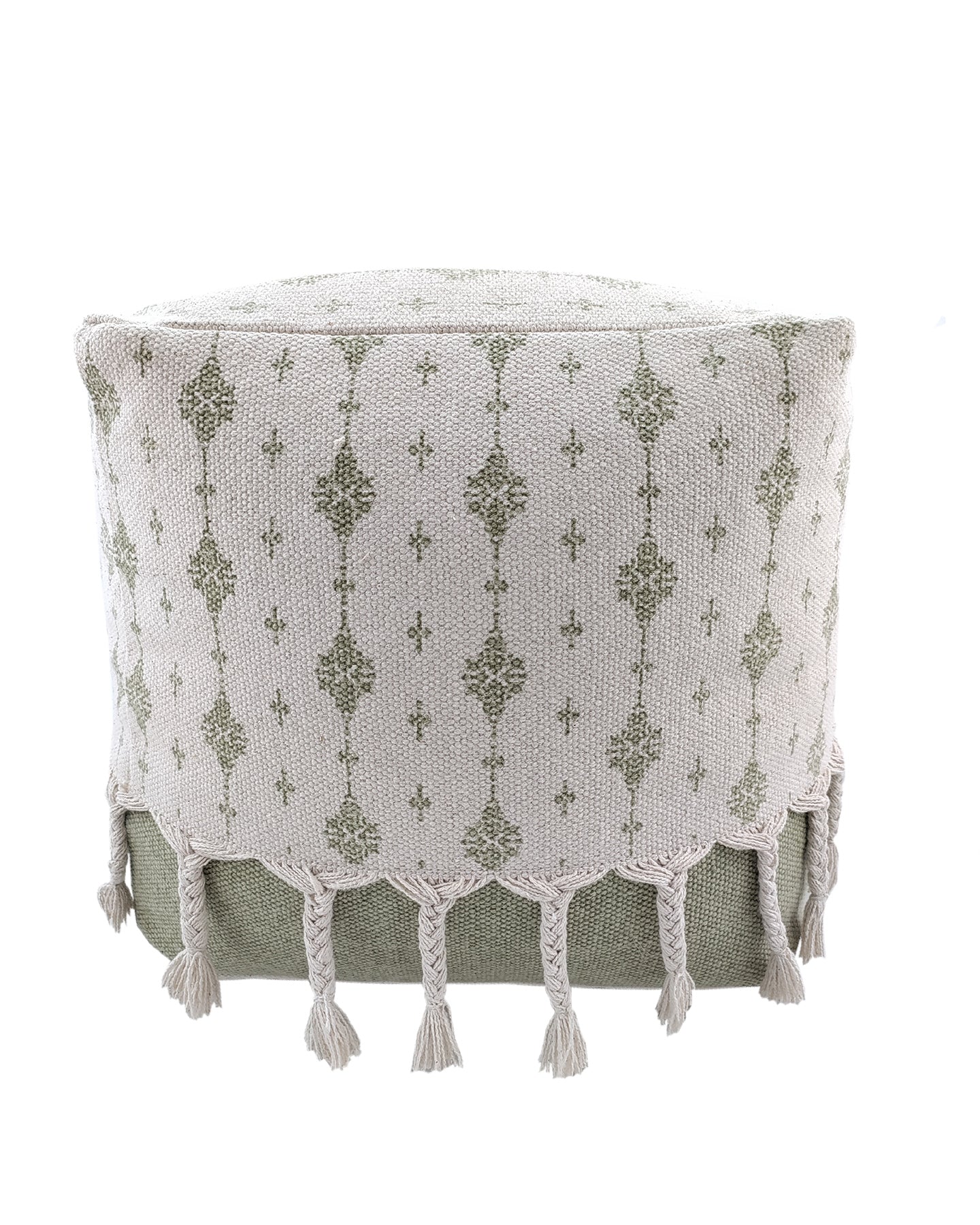 Stylish white and green handwoven cotton pouf featuring fringe edges, perfect for living room or bedroom interiors.