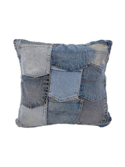 The RAMSHA HOME Denim Cotton Cushion With Polyfill cs-189 features a stylish patchwork of blue denim shades with visible jean pockets and seams, making it a comfortable and decorative accent for any space.