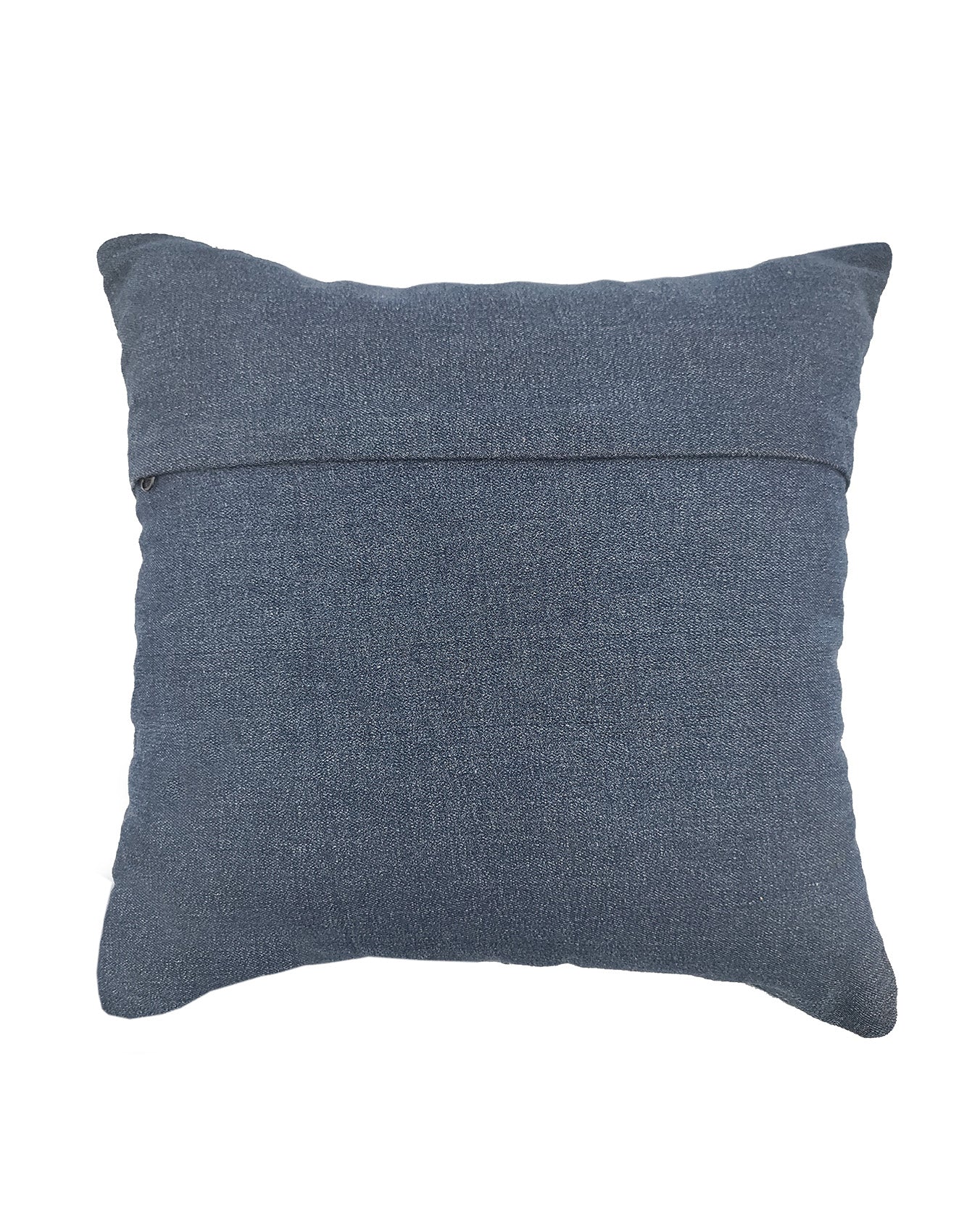 The RAMSHA HOME Denim Cotton Cushion With Polyfill cs-188 is a square, blue denim pillow featuring a horizontal seam and back zipper, adding luxurious comfort and style to any room.