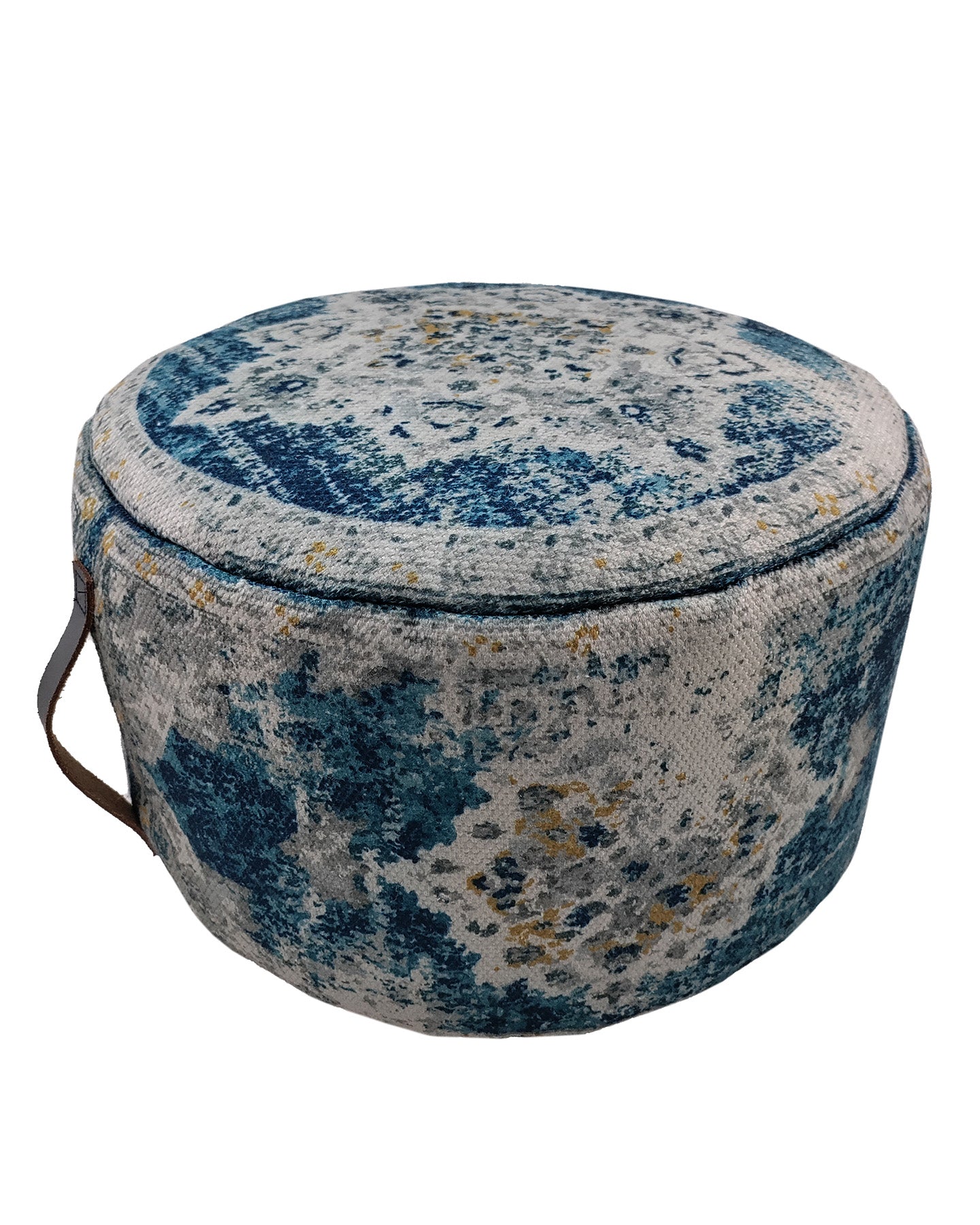 The RAMSHA HOME Multi Color Pouf With Leather Handle PF-079 features a round design with a blue, white, and yellow polyester cushion and a stylish brown leather side handle.