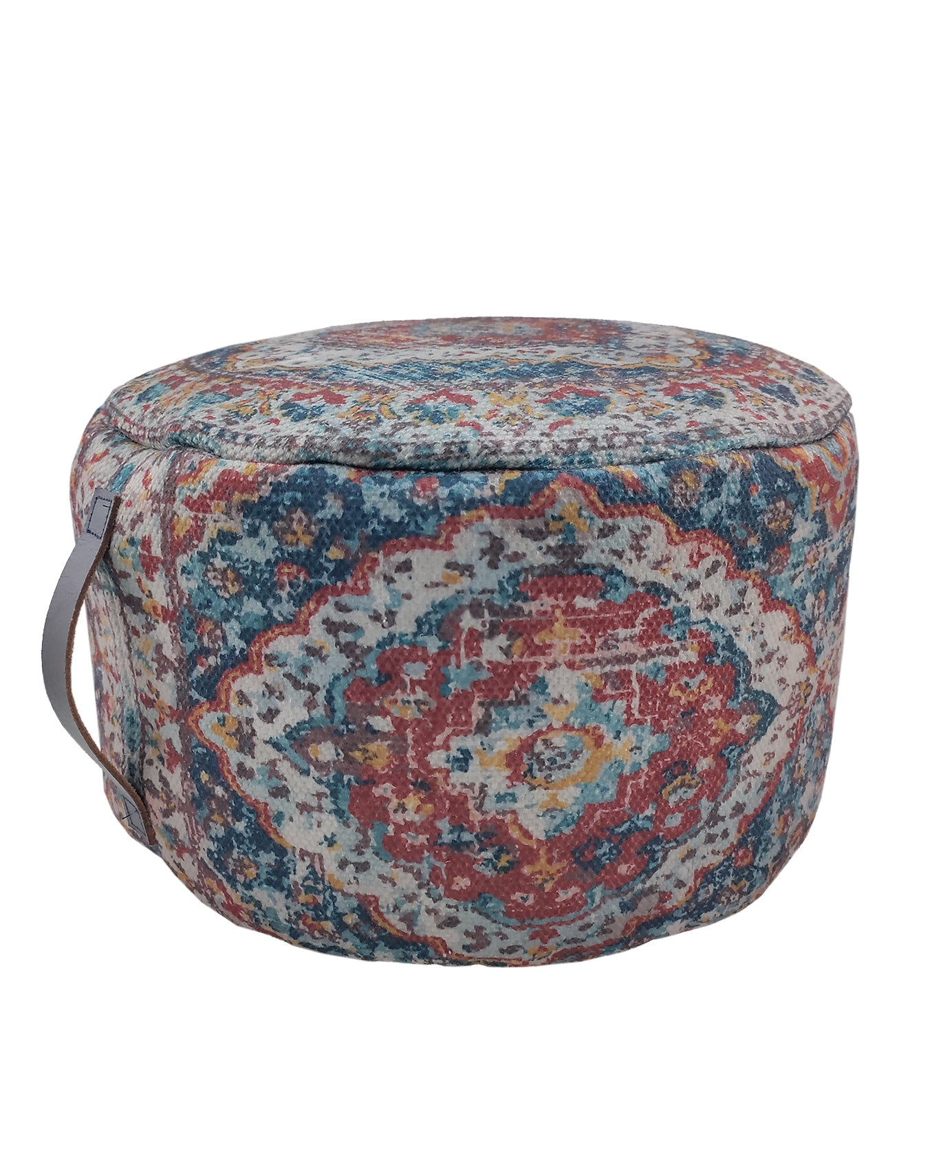 The RAMSHA HOME Multi Color Pouf With Leather Handle PF-078 features a vibrant Persian rug pattern and a leather side handle, adding a stylish cushion to any room.