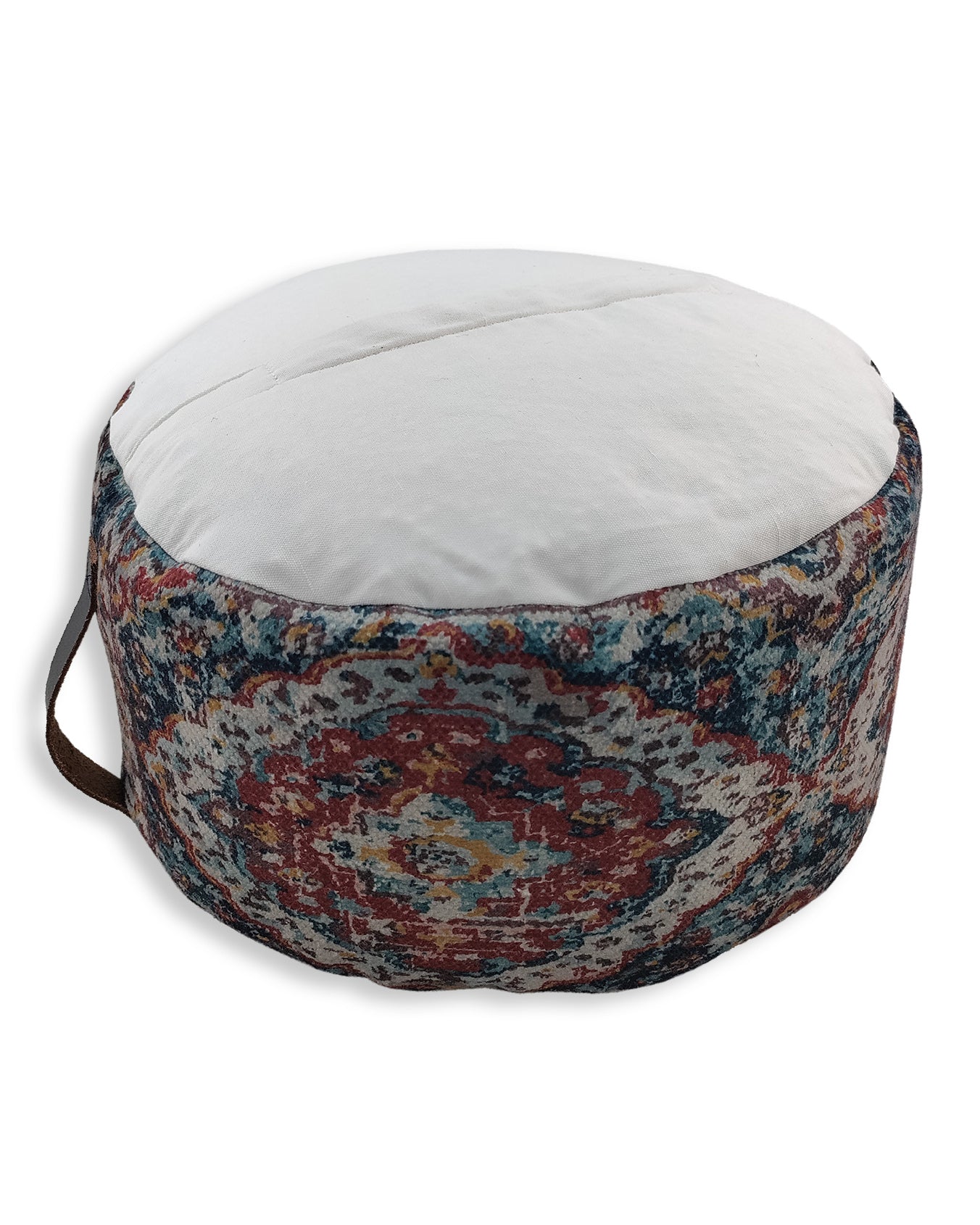 The RAMSHA HOME Multi Color Pouf With Leather Handle PF-078 features a white top and ornate sides in red, blue, and yellow, plus a convenient leather handle for easy carrying.