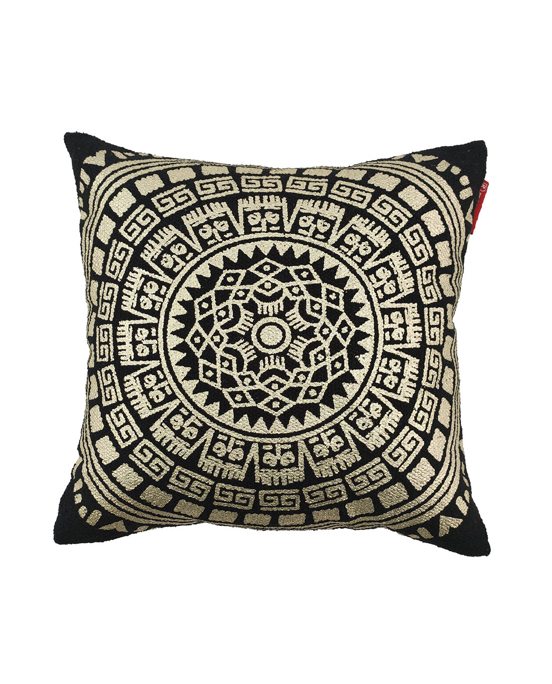 The Gold And Black Foil Printed Cushion CS-196 by RAMSHA HOME features a square black pillow with an intricate gold Aztec calendar design, showcasing geometric patterns and symbolic glyphs in a bold central circular motif.