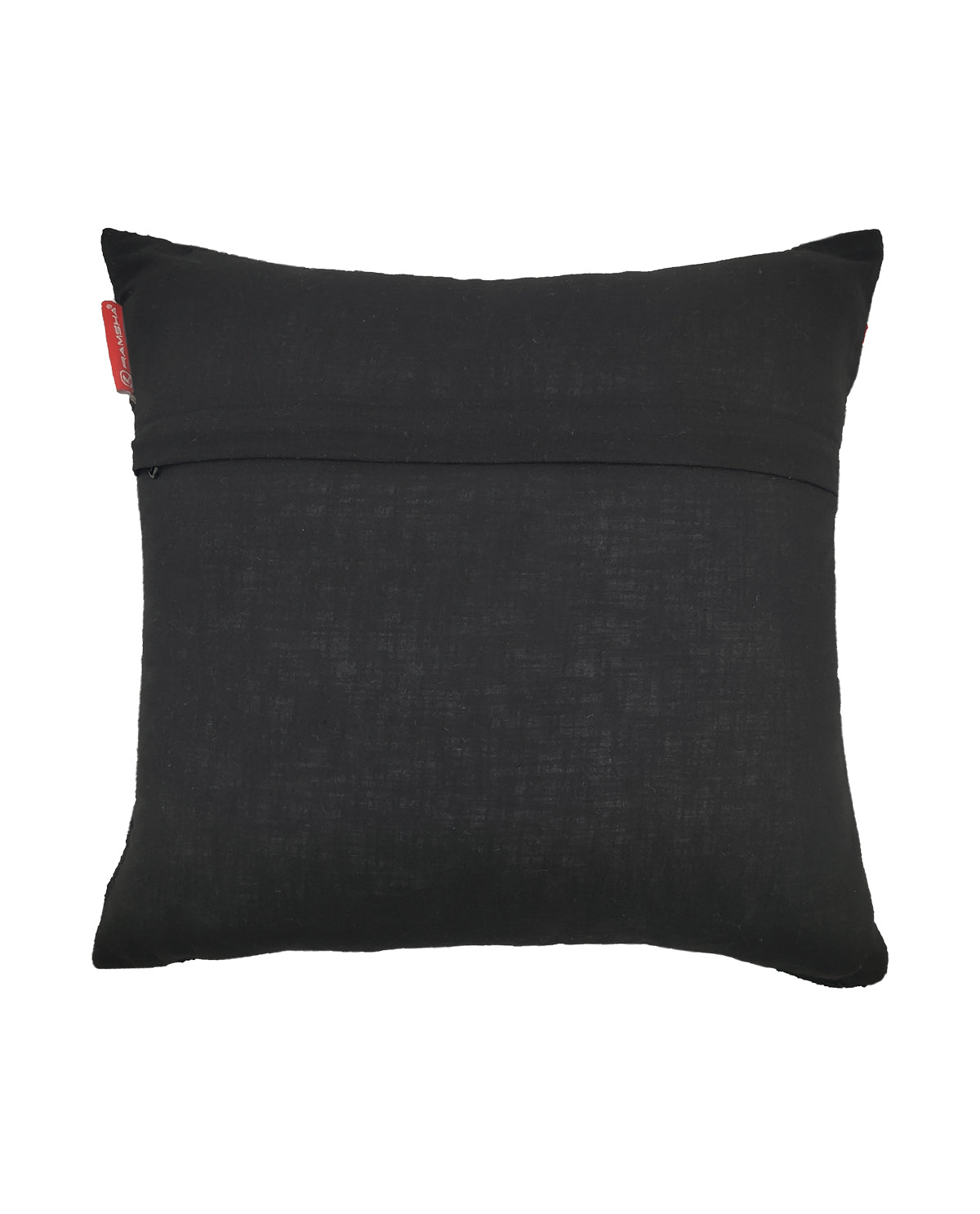 The RAMSHA HOME Gold And Black Foil Printed Cushion CS-198 boasts a chic black design with textured fabric, a horizontal seam near the top, and a small red tag—an ideal accent for modern spaces.