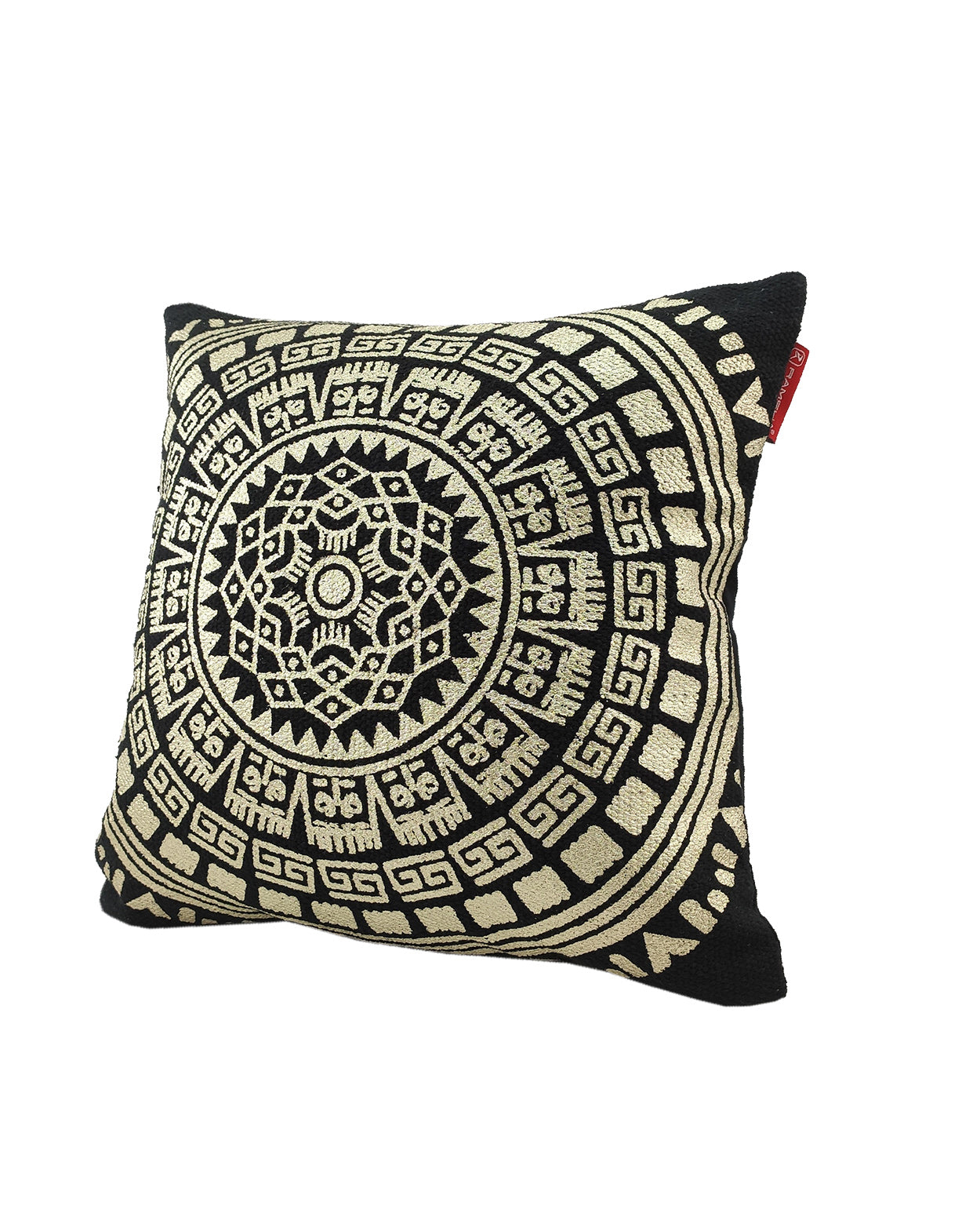 The RAMSHA HOME Gold And Black Foil Printed Cushion CS-196 features a black background with an intricate geometric and tribal pattern, accented by a small red tag for bold detail.