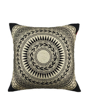 The Gold And Black Foil Printed Cushion CS-197 by RAMSHA HOME features a woven cover with an intricate geometric design in black and gold, accented with black fabric corners for a touch of glamour.