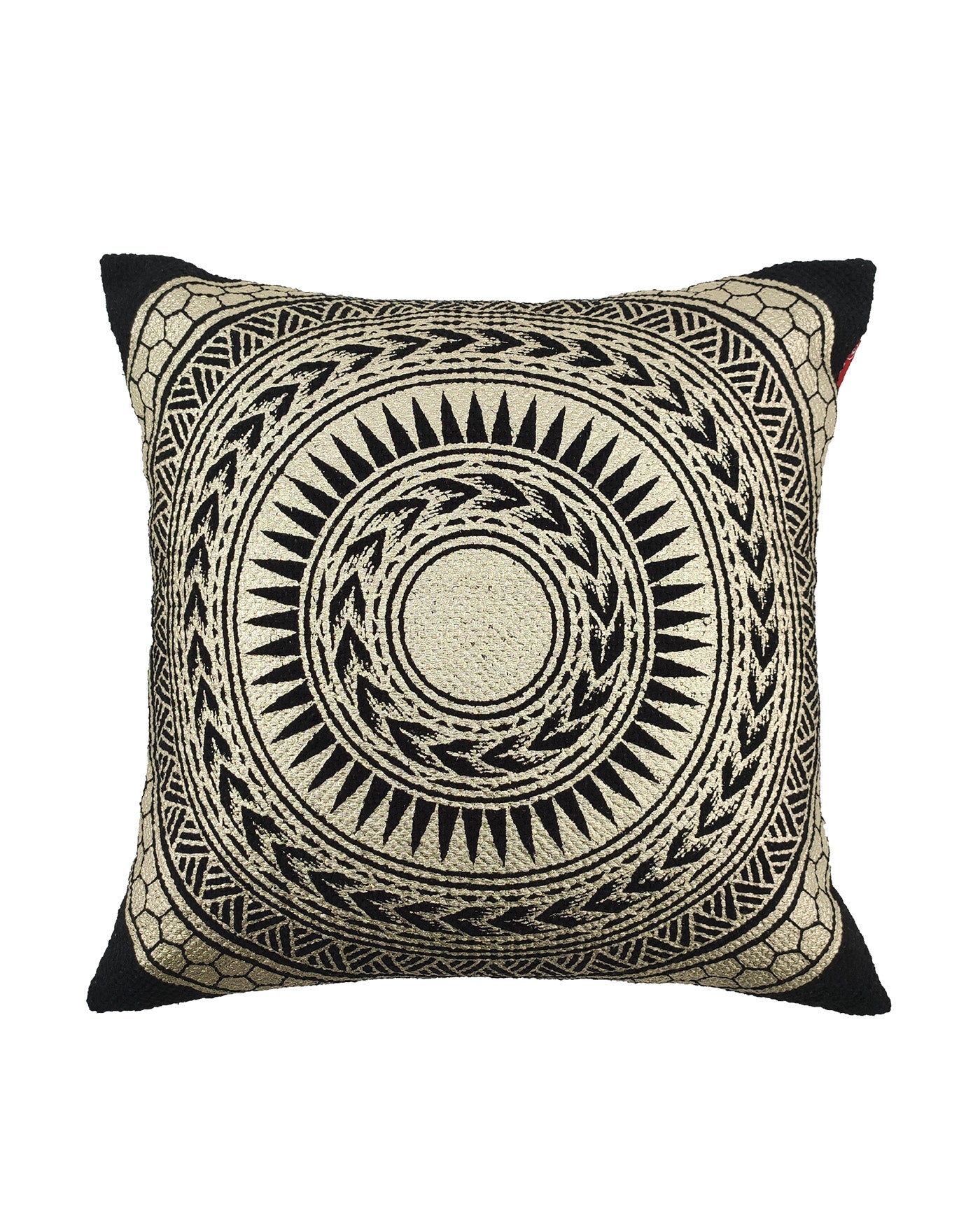 The Gold And Black Foil Printed Cushion CS-197 by RAMSHA HOME features a woven cover with an intricate geometric design in black and gold, accented with black fabric corners for a touch of glamour.
