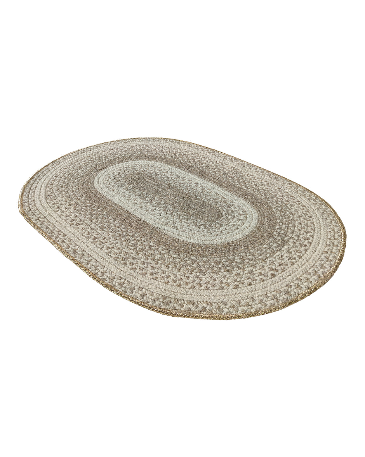 The Luxurious Handmade Multi Color Wool Floor Braided Rug - BR 044 by RAMSHA HOME features concentric rings in beige, cream, and light brown, adding a cozy farmhouse touch to any room. Pictured on a white background.