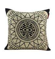 The RAMSHA HOME Gold And Black Foil Printed Cushion CS-198 features a square design with a stylish black geometric pattern on a beige background and accented black corners, perfect for adding a modern touch to your decor.