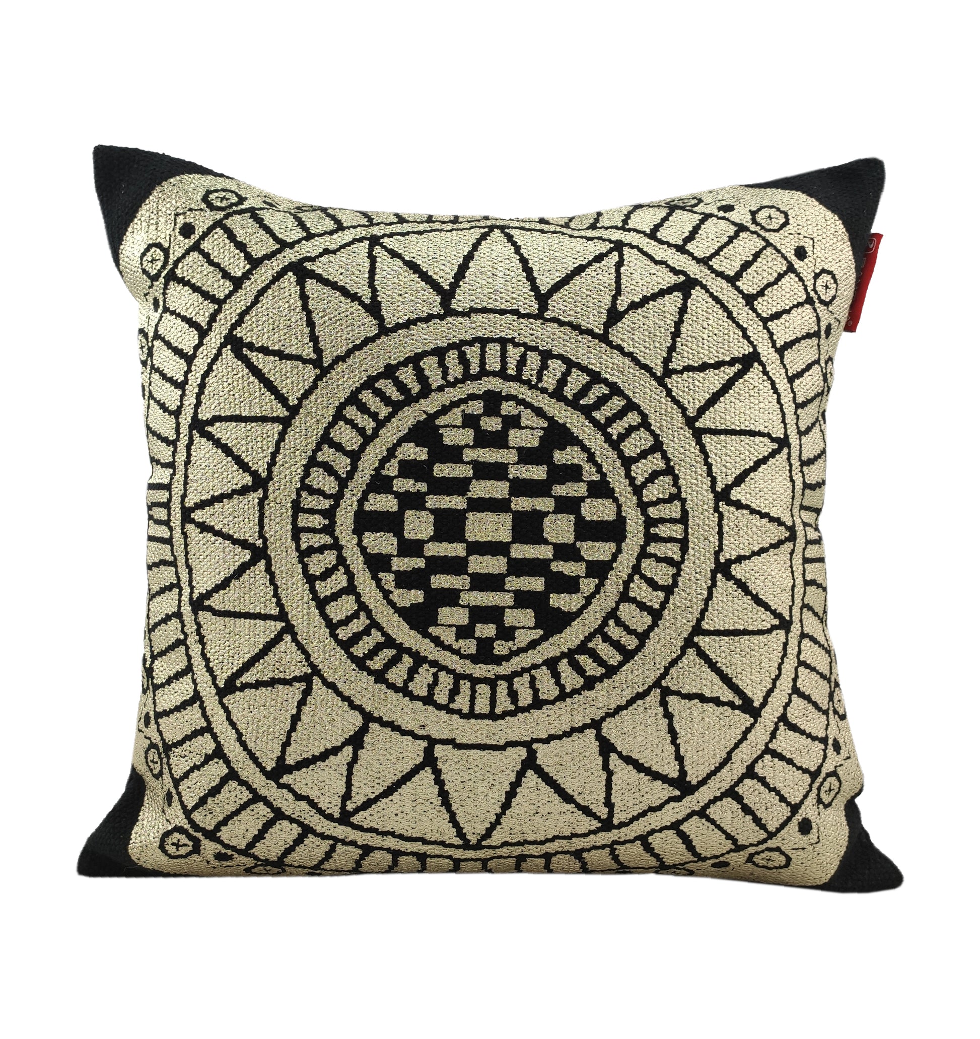 The RAMSHA HOME Gold And Black Foil Printed Cushion CS-198 features a square design with a stylish black geometric pattern on a beige background and accented black corners, perfect for adding a modern touch to your decor.
