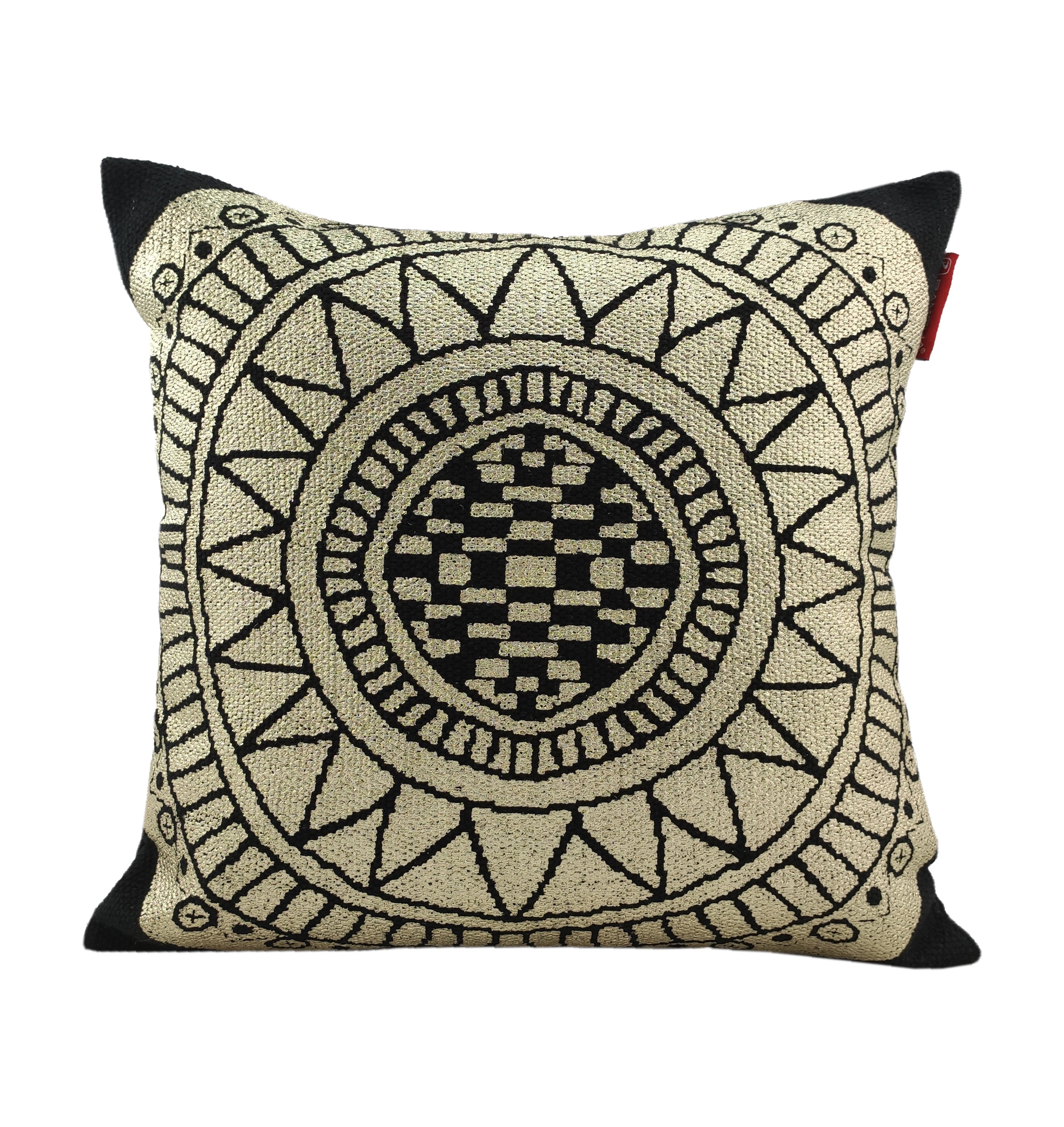 The RAMSHA HOME Gold And Black Foil Printed Cushion CS-198 features a square design with a stylish black geometric pattern on a beige background and accented black corners, perfect for adding a modern touch to your decor.
