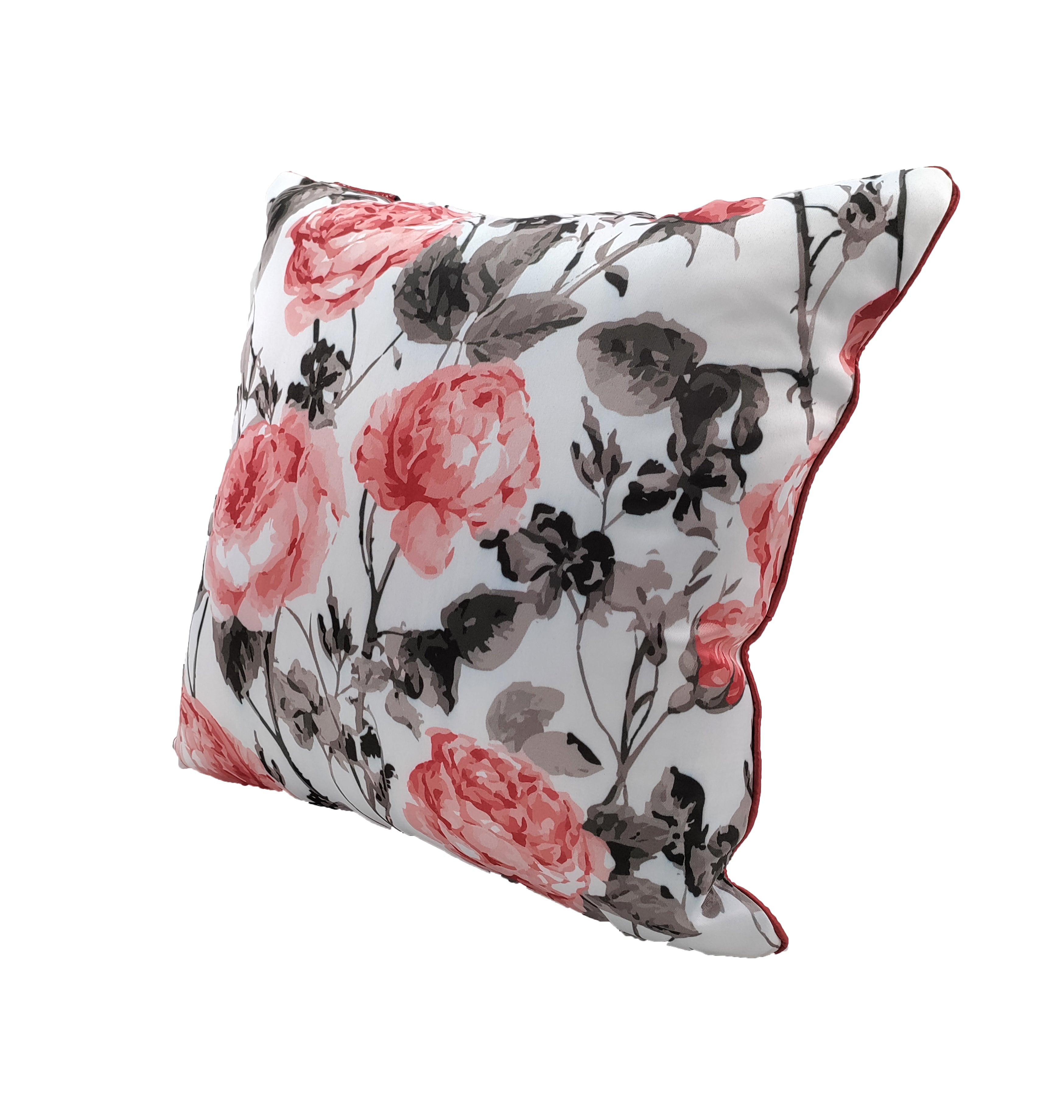 The RAMSHA HOME Floral Printed Multi Color Cushion features pink and red flowers with gray leaves on white, piped edges, and a soft, plump feel—perfect as a charming home decor accessory.