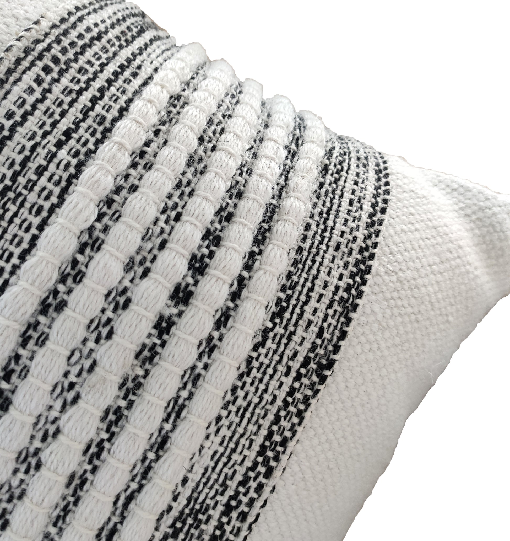 Close-up of the RAMSHA HOME Woven Black And White Polyester Cushion CS-249, featuring soft fabric with raised stripes and geometric designs. Includes cushion filler for added comfort. Set against a plain white background.