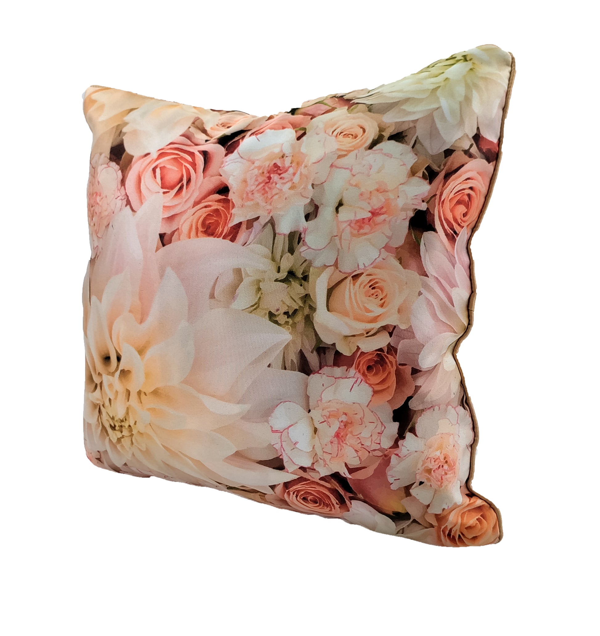 The RAMSHA HOME Floral Printed Multi Color Cushion features pink and peach roses, peonies, and other flowers on soft fabric. Its white background highlights the vibrant design, making it perfect for stylish home decor.